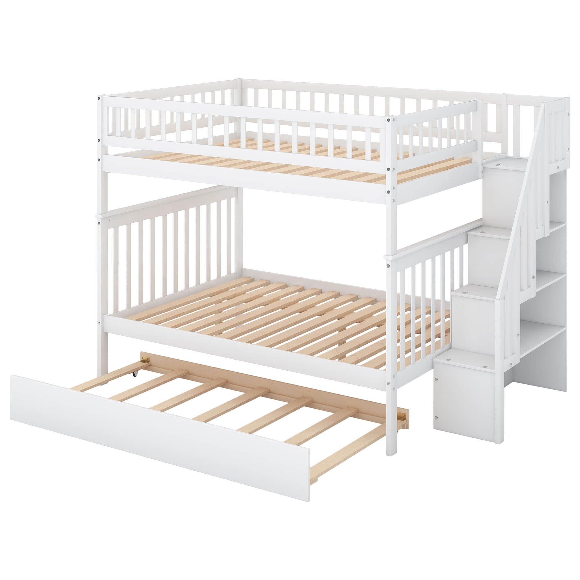 Wooden Full Size Bunk Bed with Stairs and Trundle, Storage Shelves