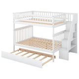 Wooden Full Size Bunk Bed with Stairs and Trundle, Storage Shelves