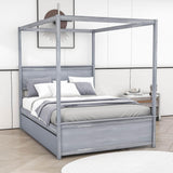 Full Size Canopy Bed with Twin Trundle and Headboard - [Wood, Four-poster]