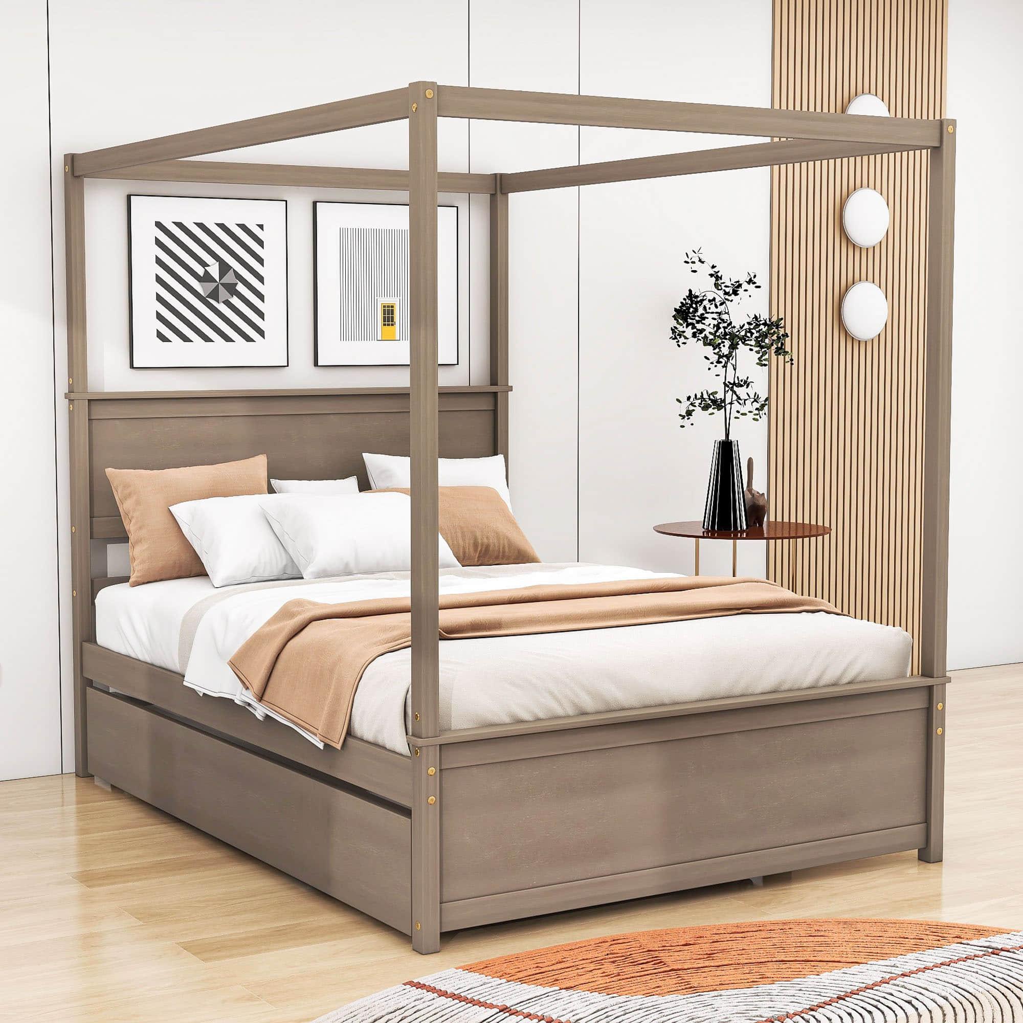 Full Size Canopy Bed with Twin Trundle and Headboard - [Wood, Four-poster]