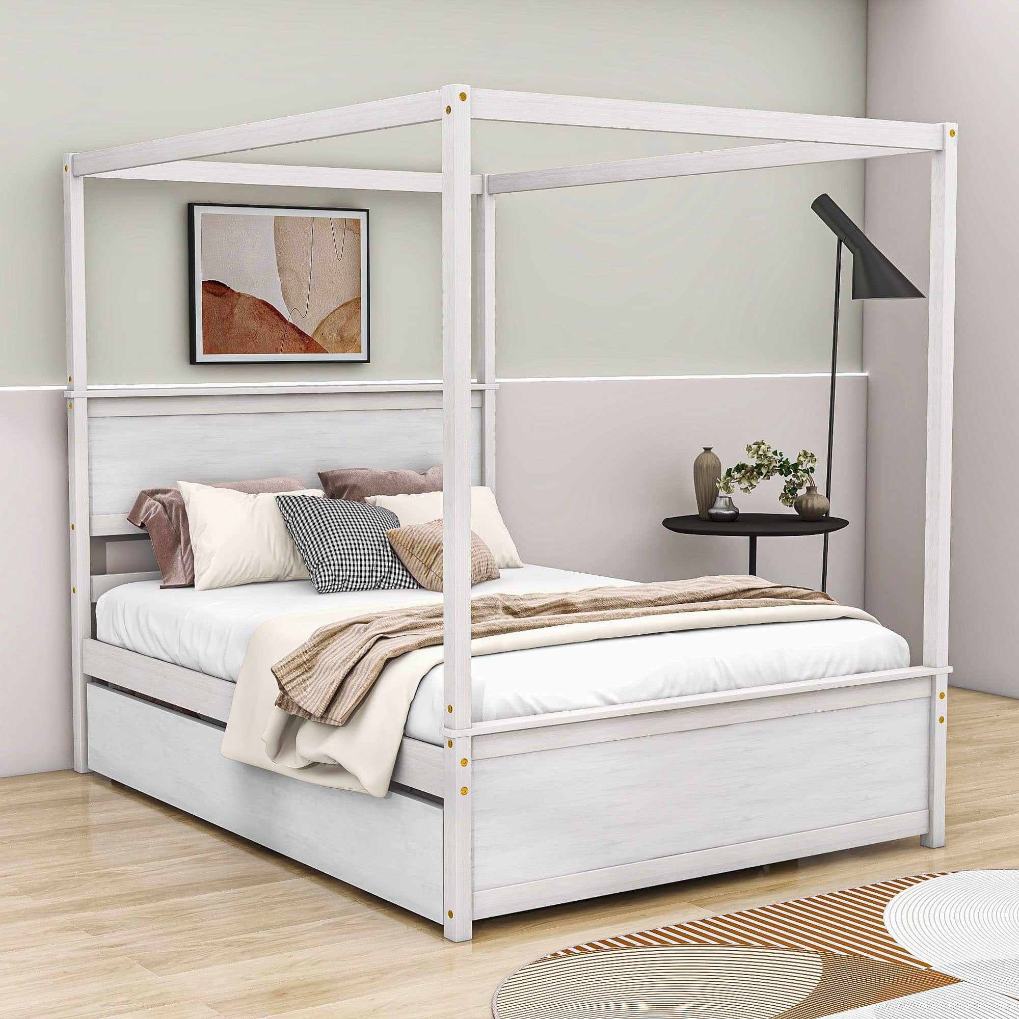 Full Size Canopy Bed with Twin Trundle and Headboard - [Wood, Four-poster]