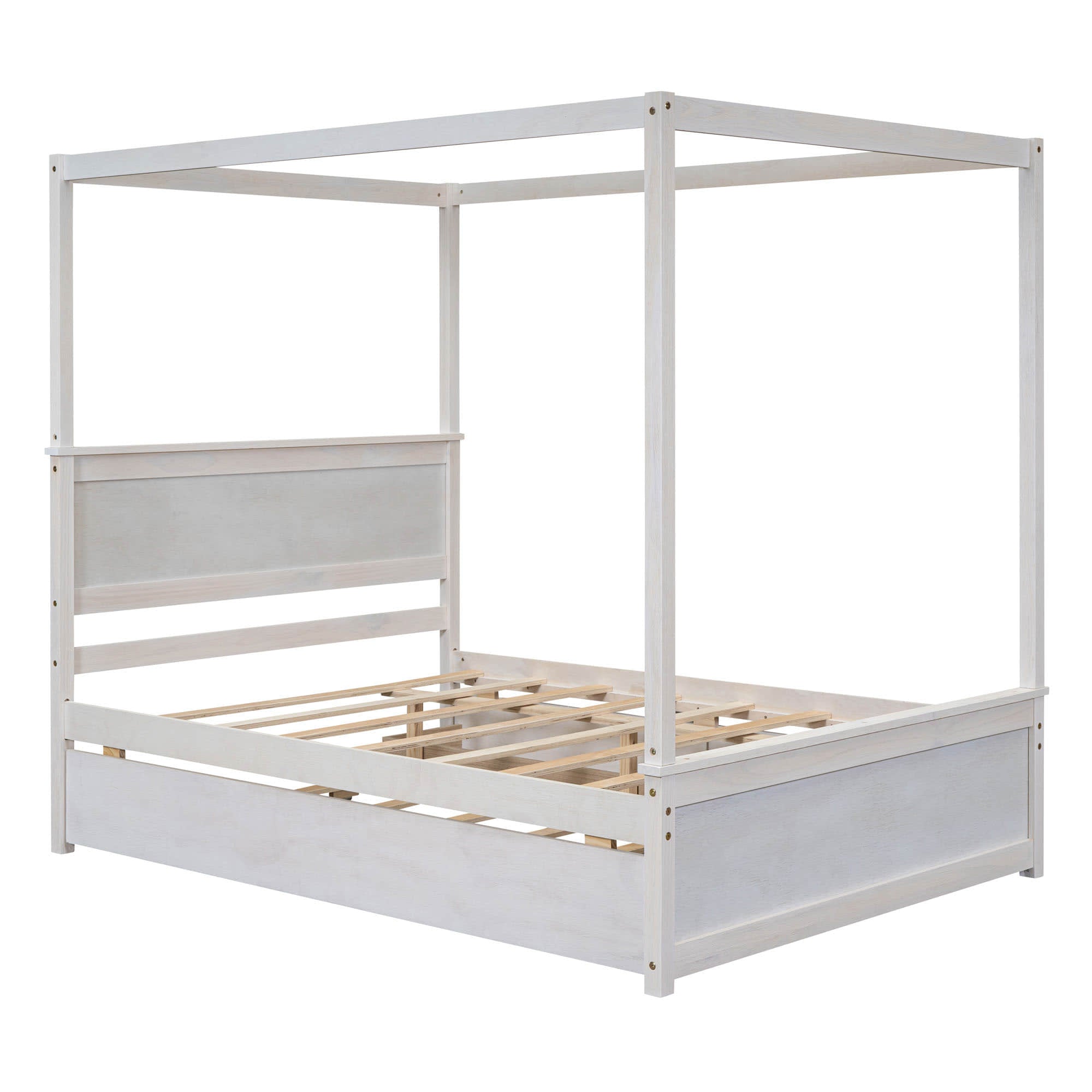 Full Size Wood Canopy Bed Frame with Twin Trundle Bed and Storage