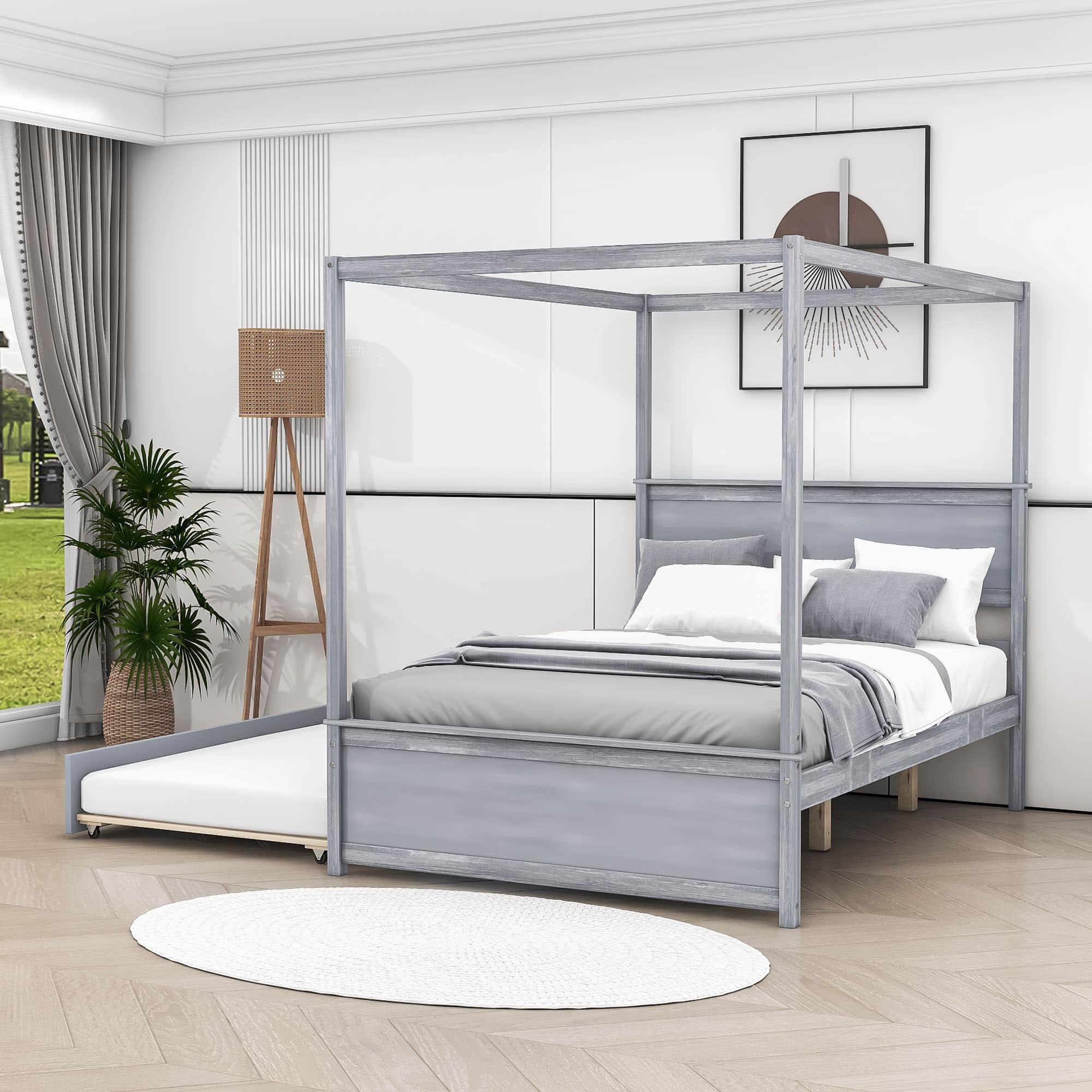 Full Size Canopy Bed with Twin Trundle and Headboard - [Wood, Four-poster]