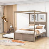 Full Size Canopy Bed with Twin Trundle and Headboard - [Wood, Four-poster]