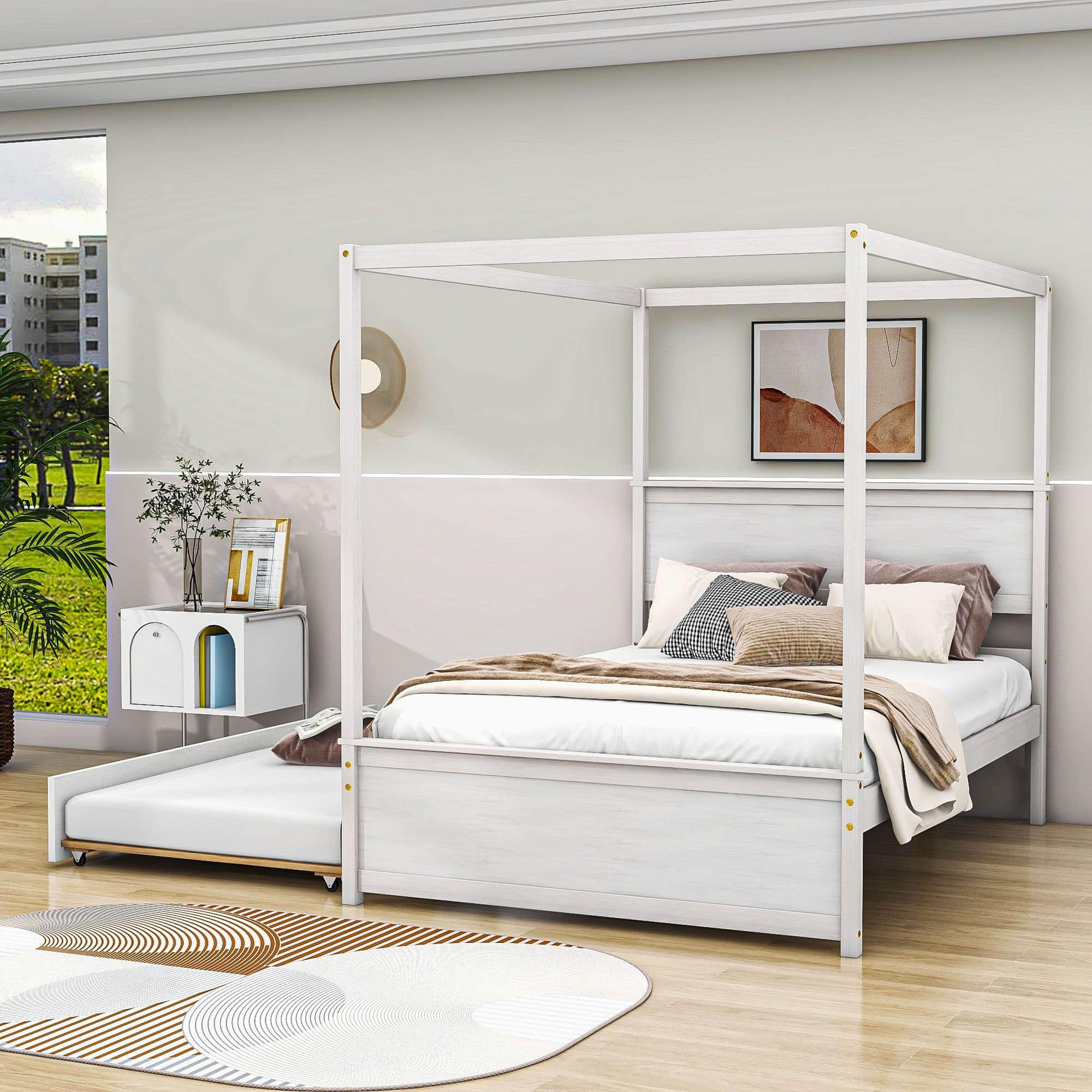 Full Size Canopy Bed with Twin Trundle and Headboard - [Wood, Four-poster]