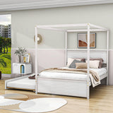 Full Size Canopy Bed with Twin Trundle and Headboard - [Wood, Four-poster]