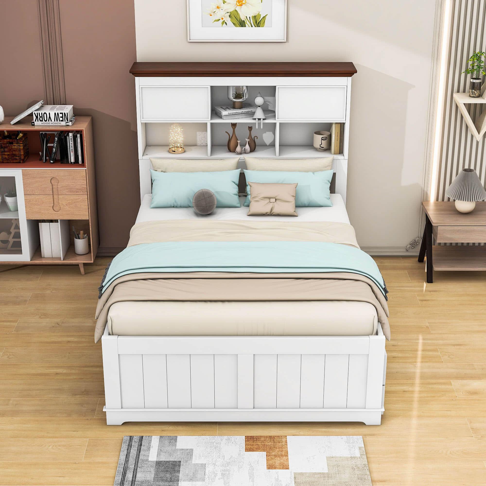 Solid Wood Full Size Captains Bed with Twin Trundle and Storage - [Drawers, Shelves]