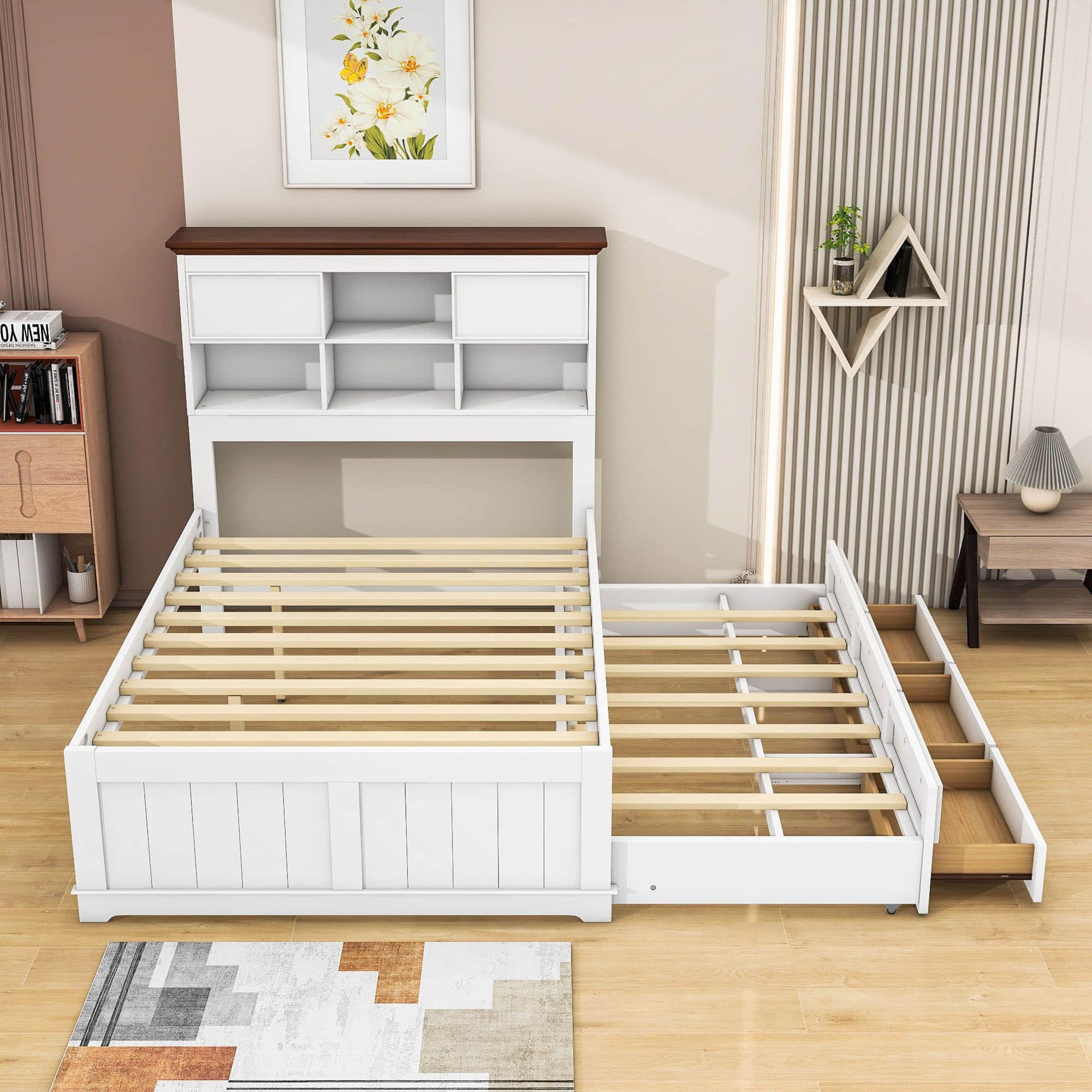 Solid Wood Full Size Captains Bed with Twin Trundle and Storage - [Drawers, Shelves]