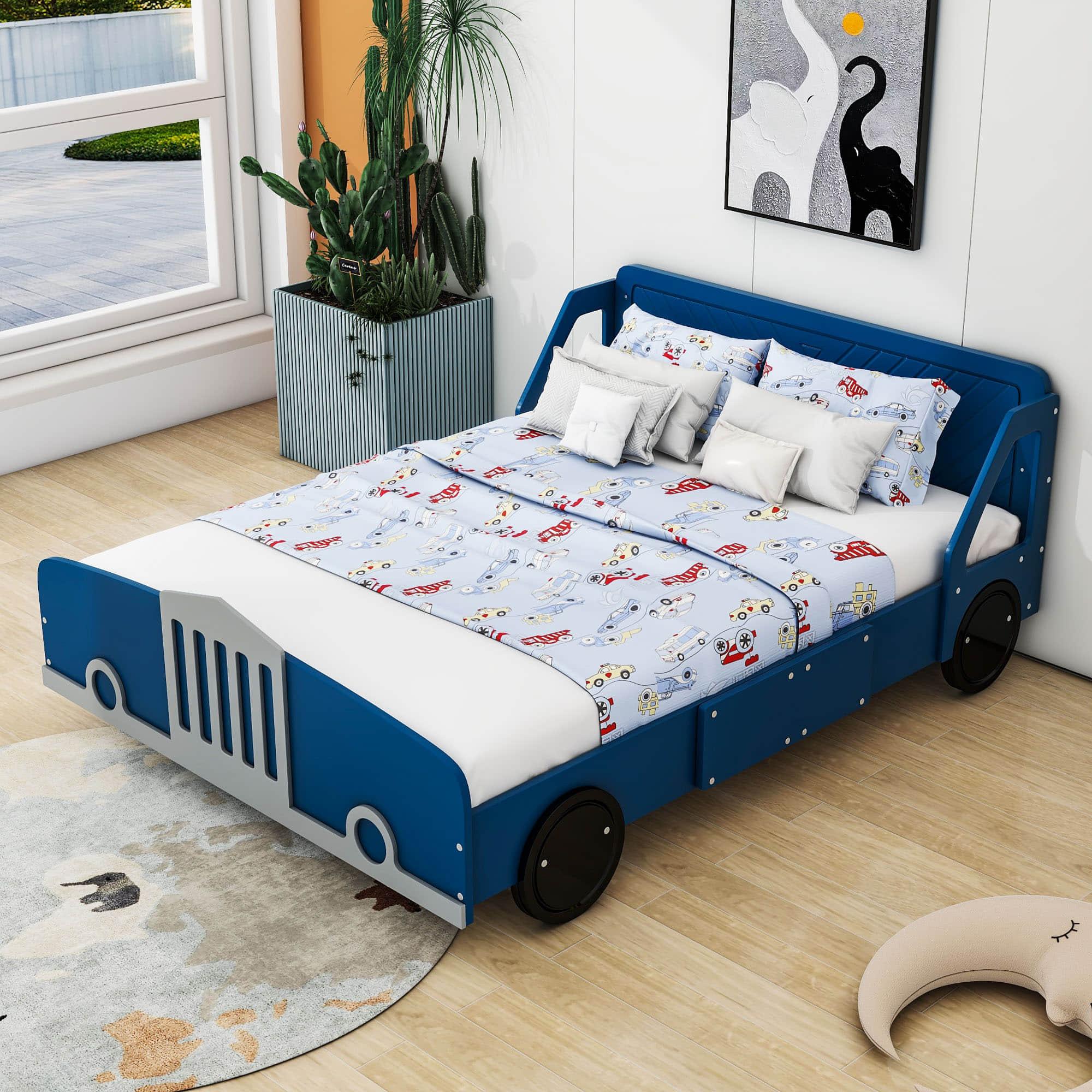 Wooden Full Size Car Bed Frame for Boys and Girls with Wheels