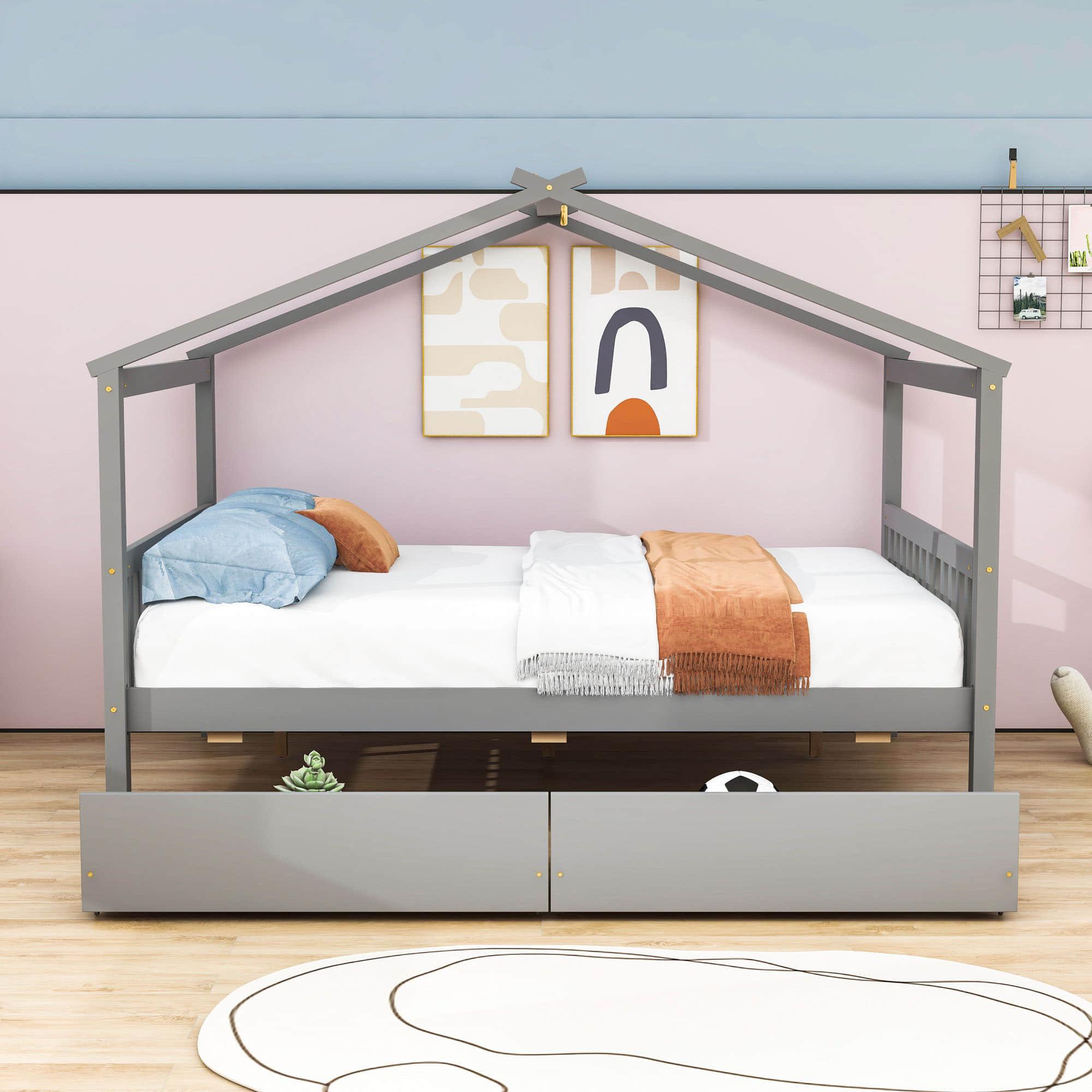 Wooden Full Size House Bed with Storage Drawers for Kids