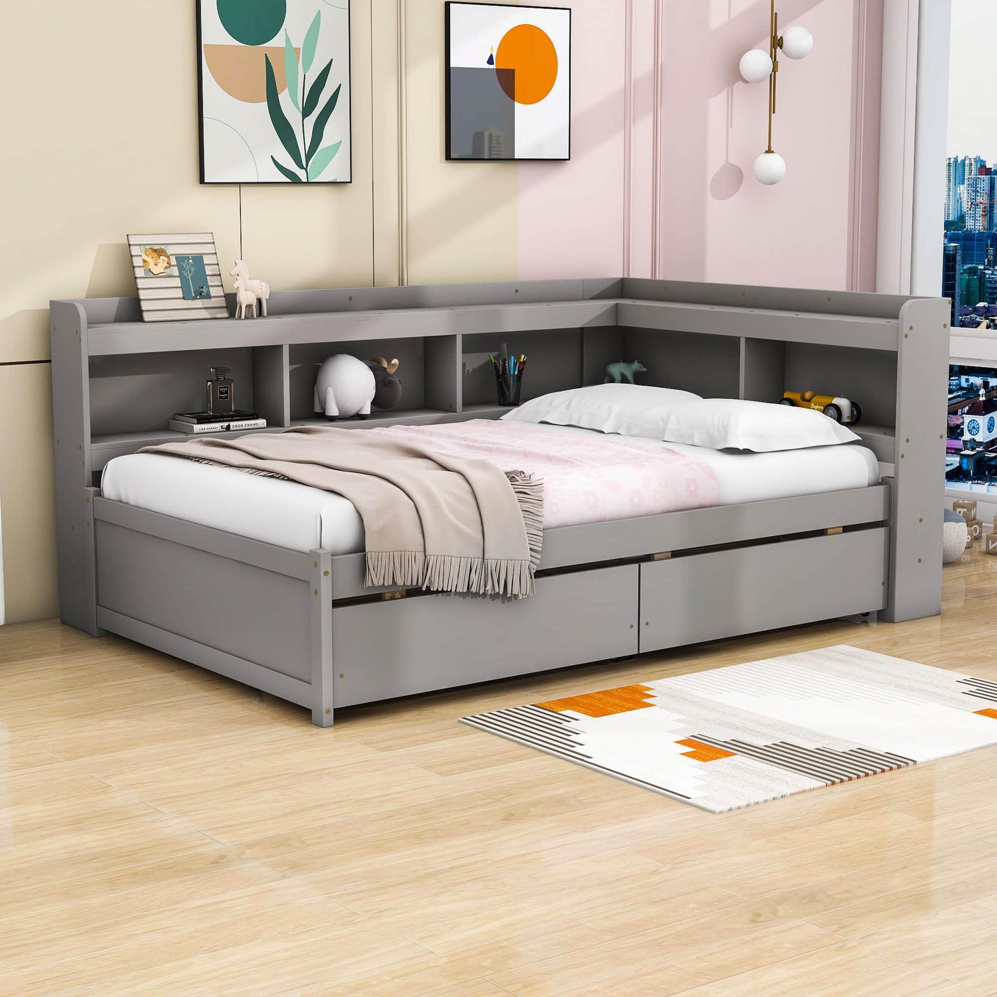 Wood Full Daybed with Storage - [Drawers, L-Shaped Bookcases]