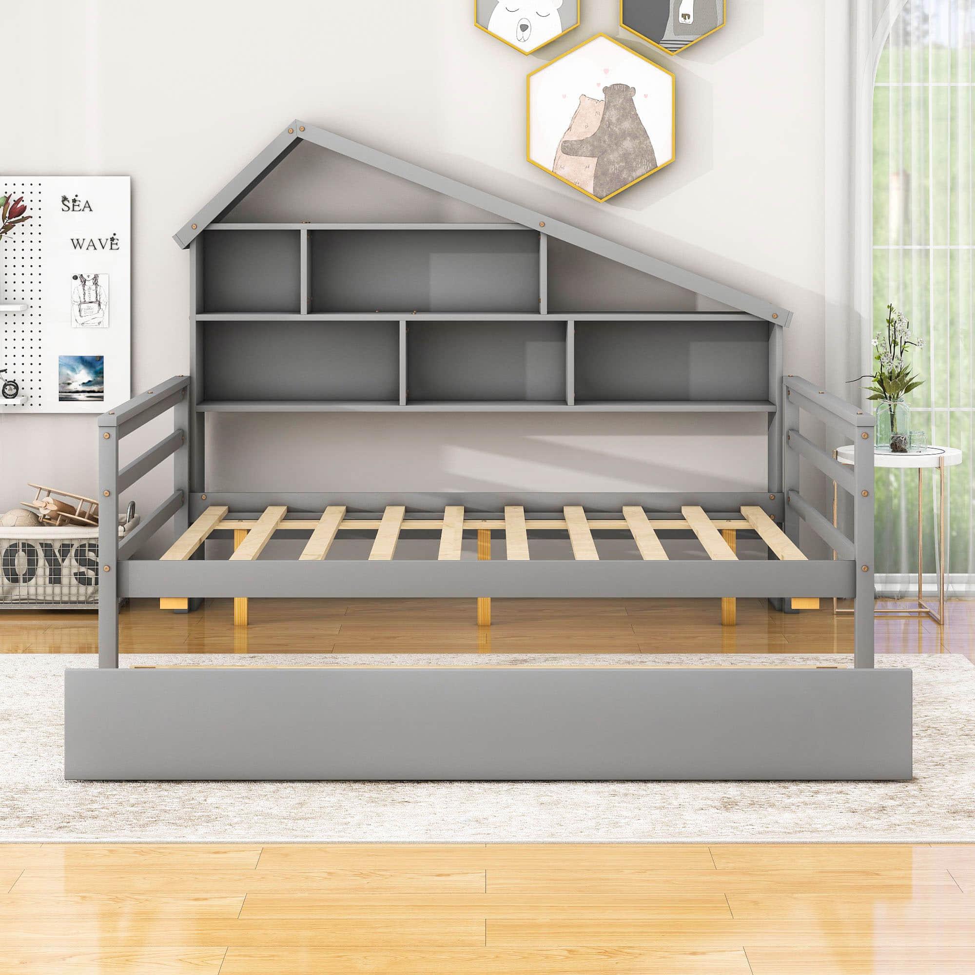 Full Size Platform Daybed with Trundle and Shelves - [Storage, Bookshelf, Wood]