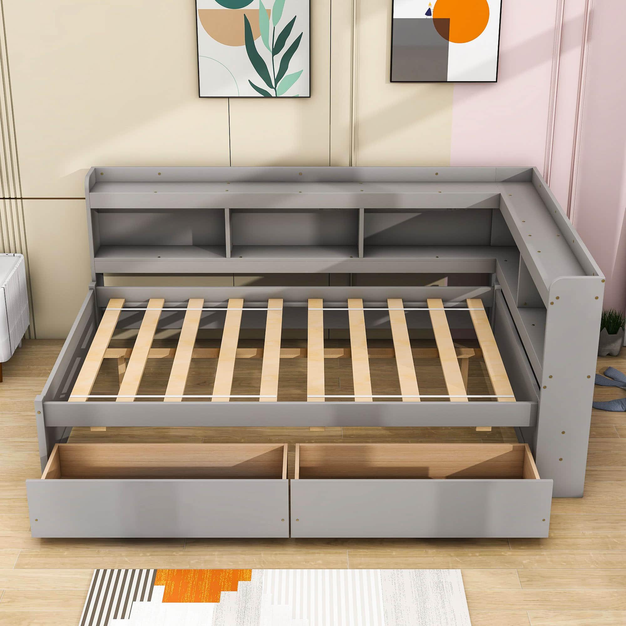 Wood Full Daybed with Storage - [Drawers, L-Shaped Bookcases]