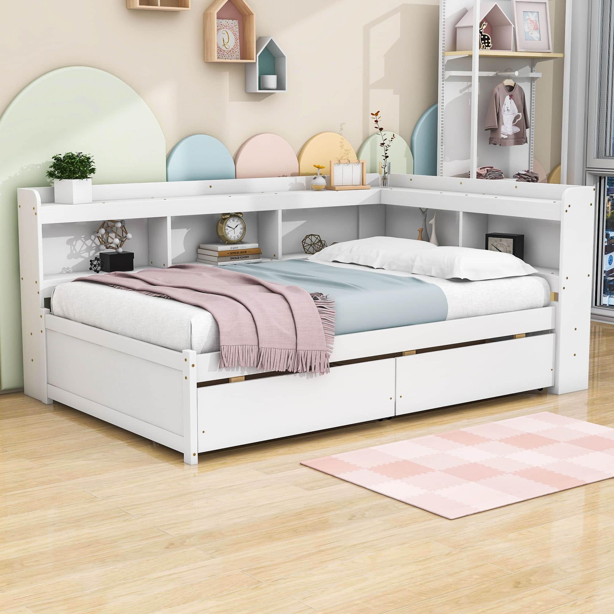 Wood Full Daybed with Storage - [Drawers, L-Shaped Bookcases]