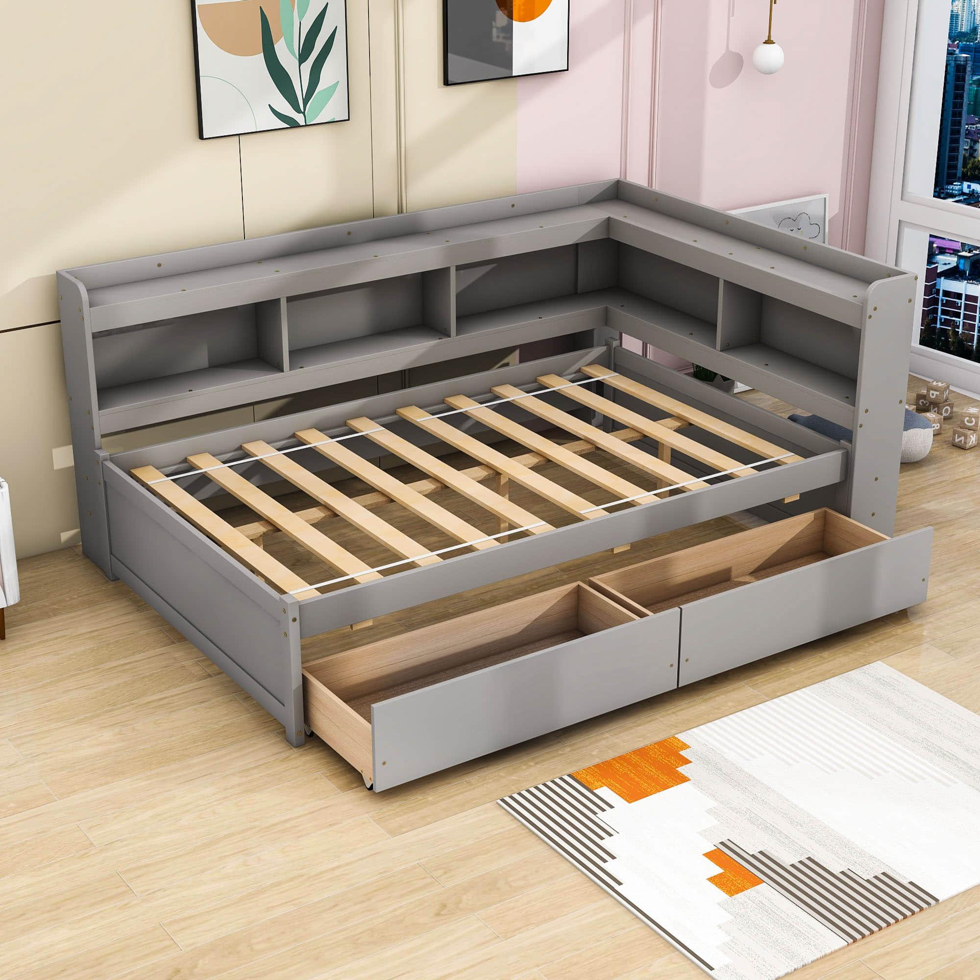 Wood Full Daybed with Storage - [Drawers, L-Shaped Bookcases]