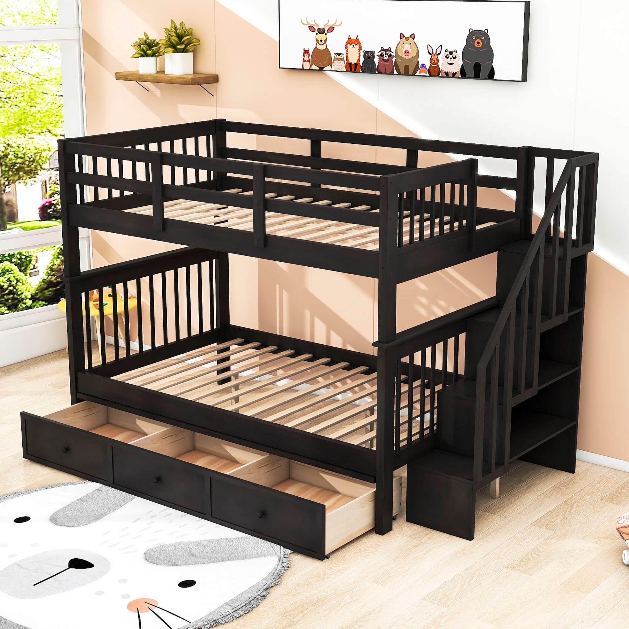 Wood Full Over Full Bunk Bed with Storage and Stairs - [Drawers, Shelves, Class]