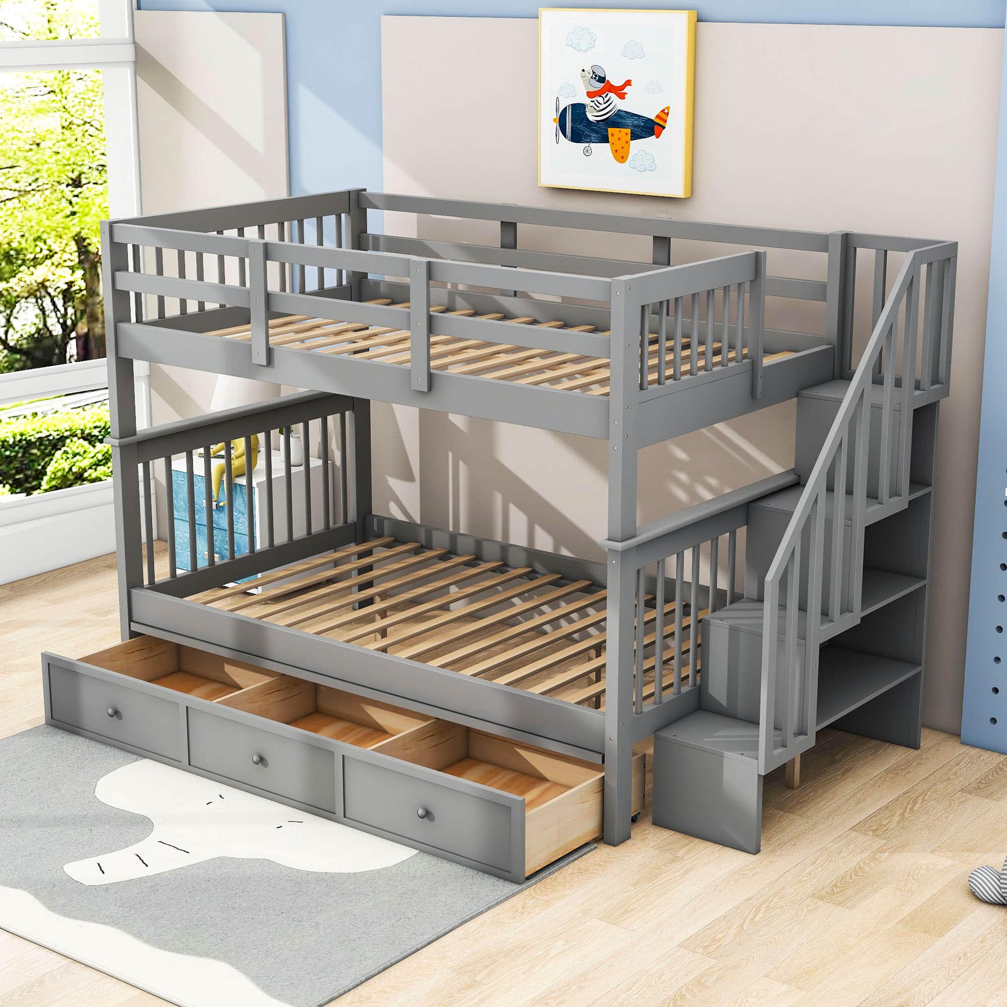 Wood Full Over Full Bunk Bed with Storage and Stairs - [Drawers, Shelves, Class]