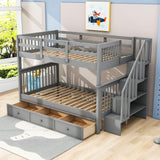 Wood Full Over Full Bunk Bed with Storage and Stairs - [Drawers, Shelves, Class]