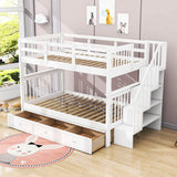 Wood Full Over Full Bunk Bed with Storage and Stairs - [Drawers, Shelves, Class]