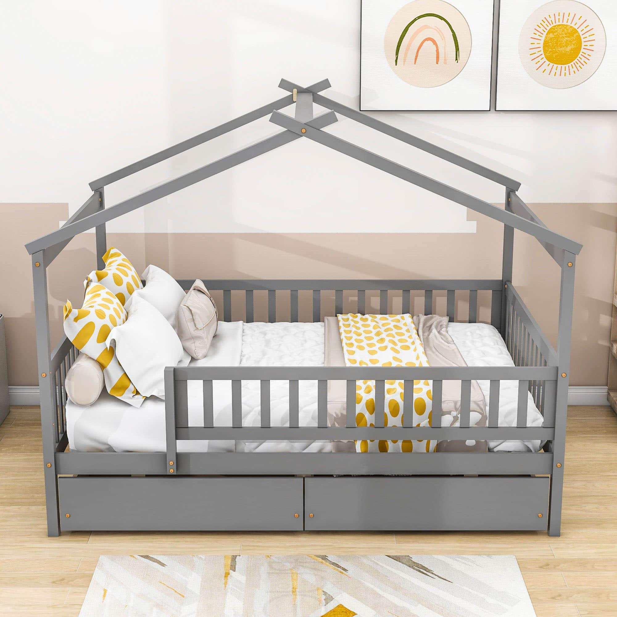 Full Size Wood House Toddler Bed Frame with Rails and Storage