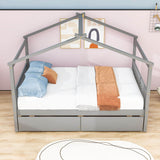 Wooden Full Size House Bed with Storage Drawers for Kids