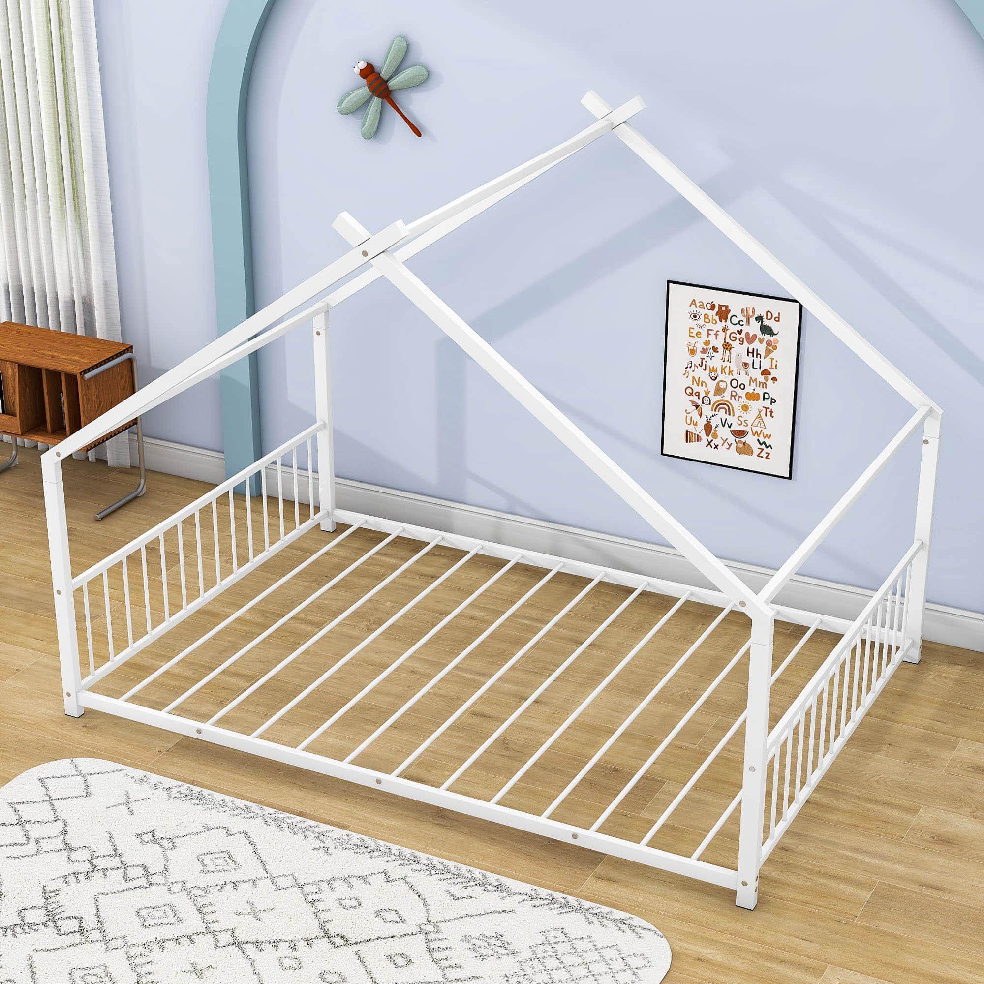 Full Size Metal House Floor Bed for Toddler, Kids