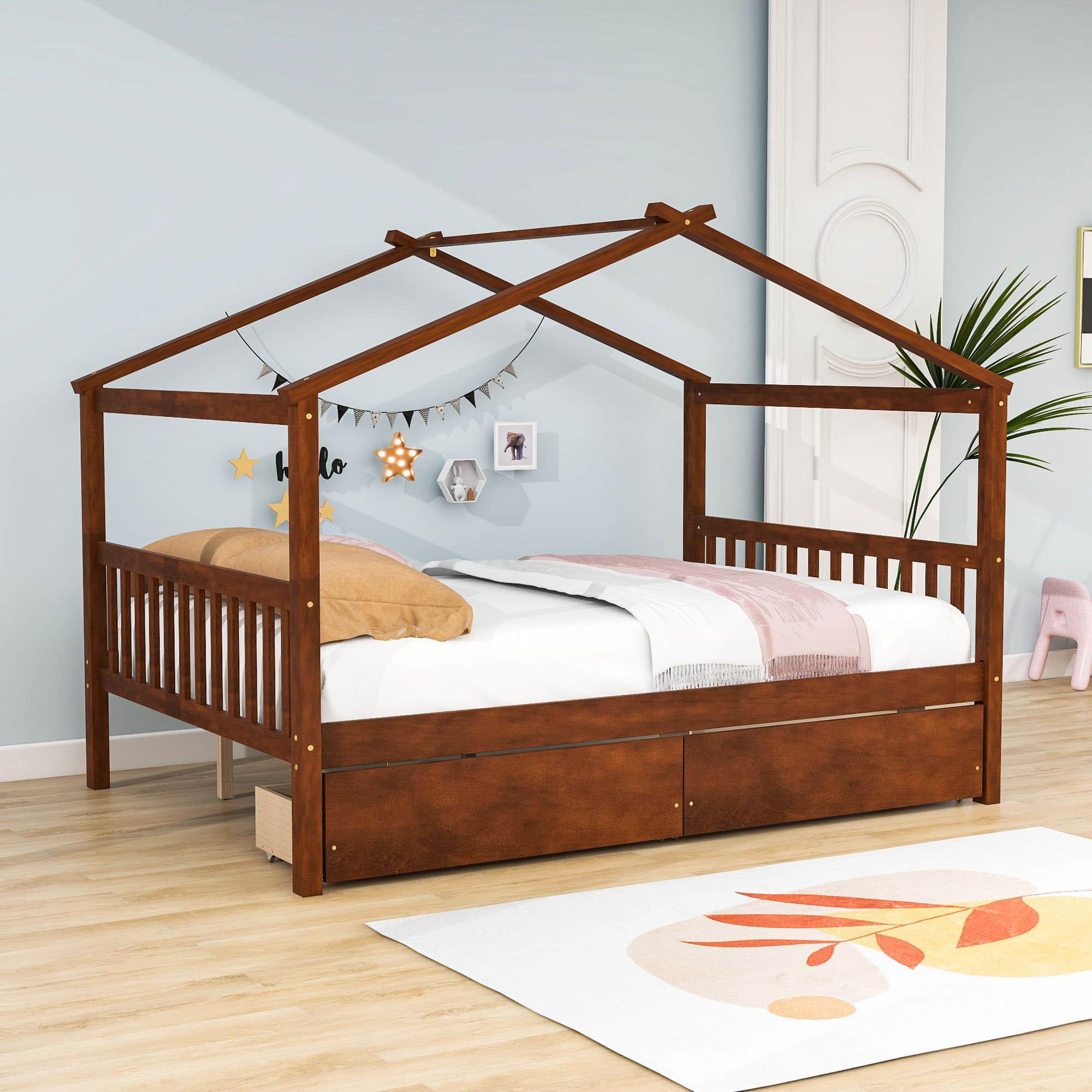 Wooden Full Size House Bed with Storage Drawers for Kids