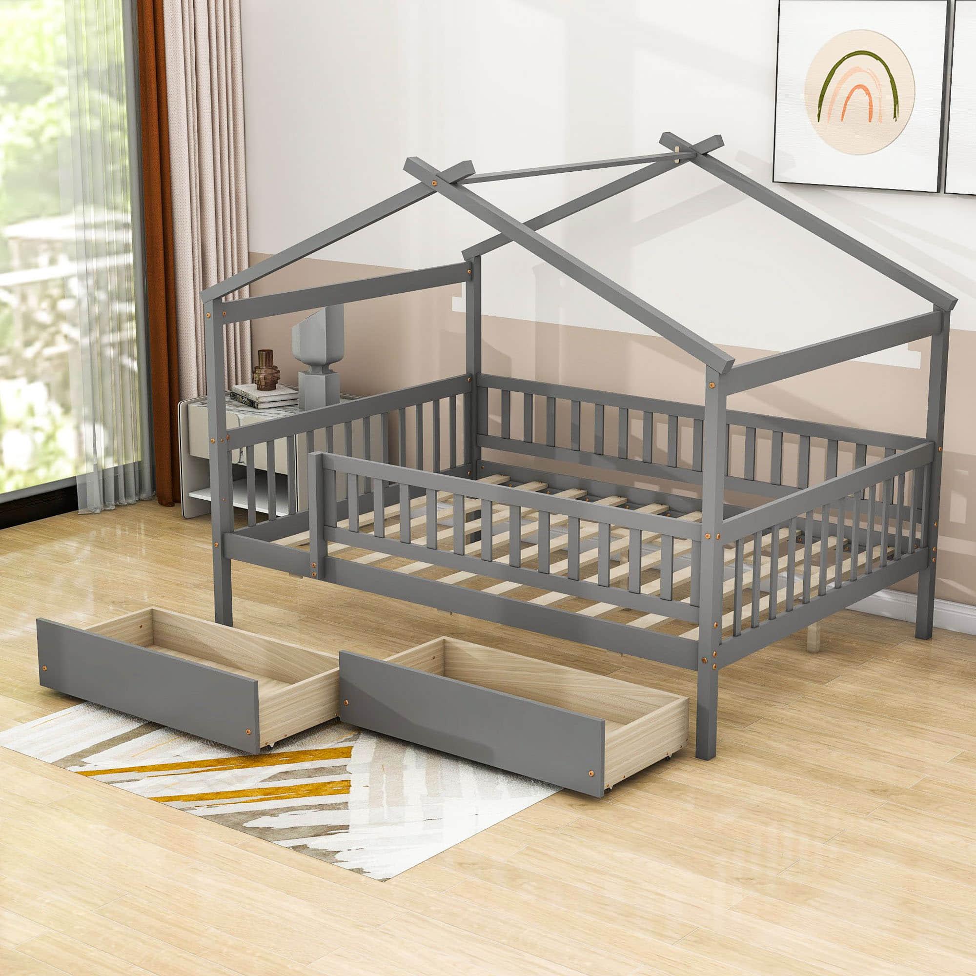 Full Size Wood House Toddler Bed Frame with Rails and Storage