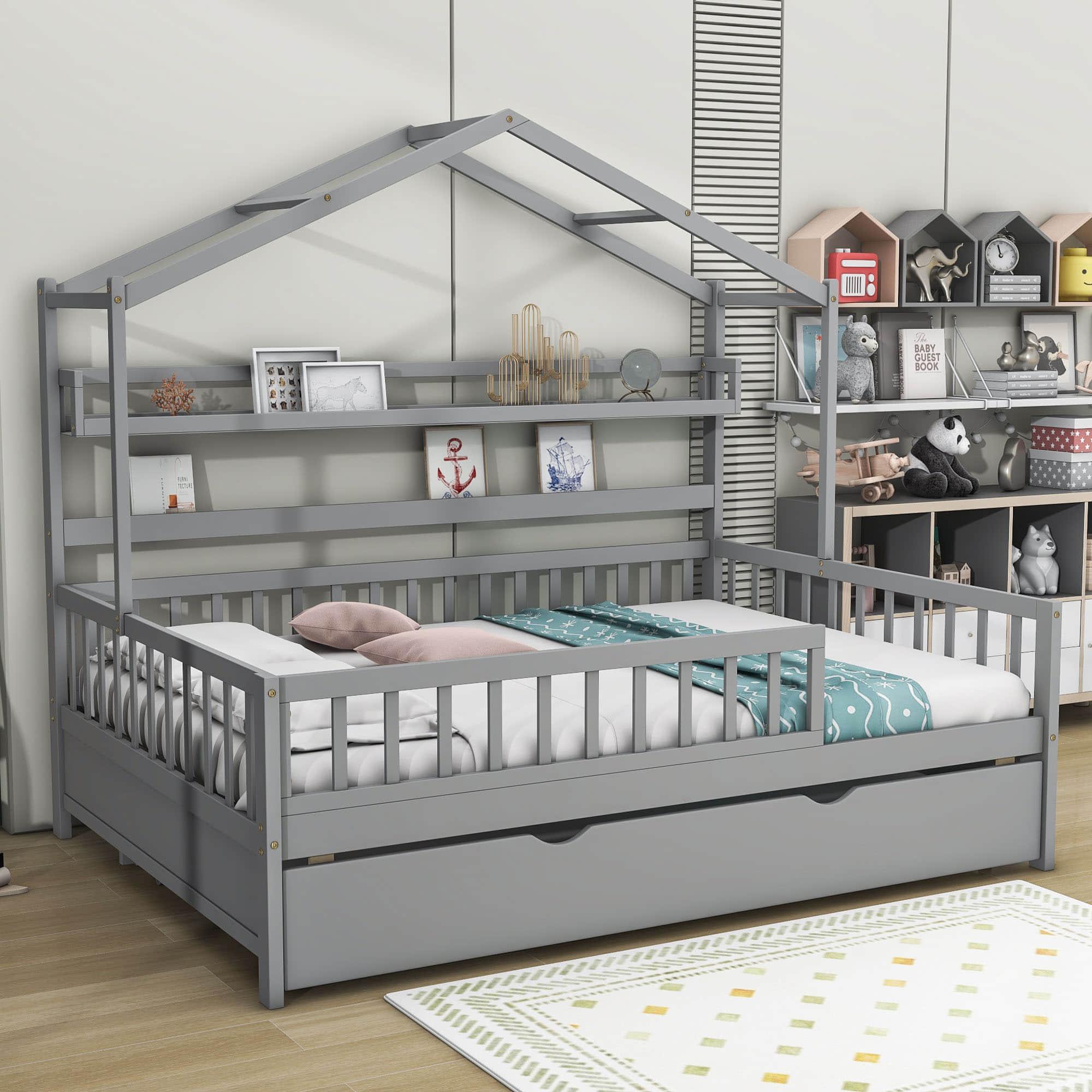 Wood Full Size Low House Bed Frame with Storage and Twin Trundle Bed