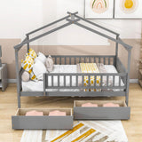 Full Size Wood House Toddler Bed Frame with Rails and Storage