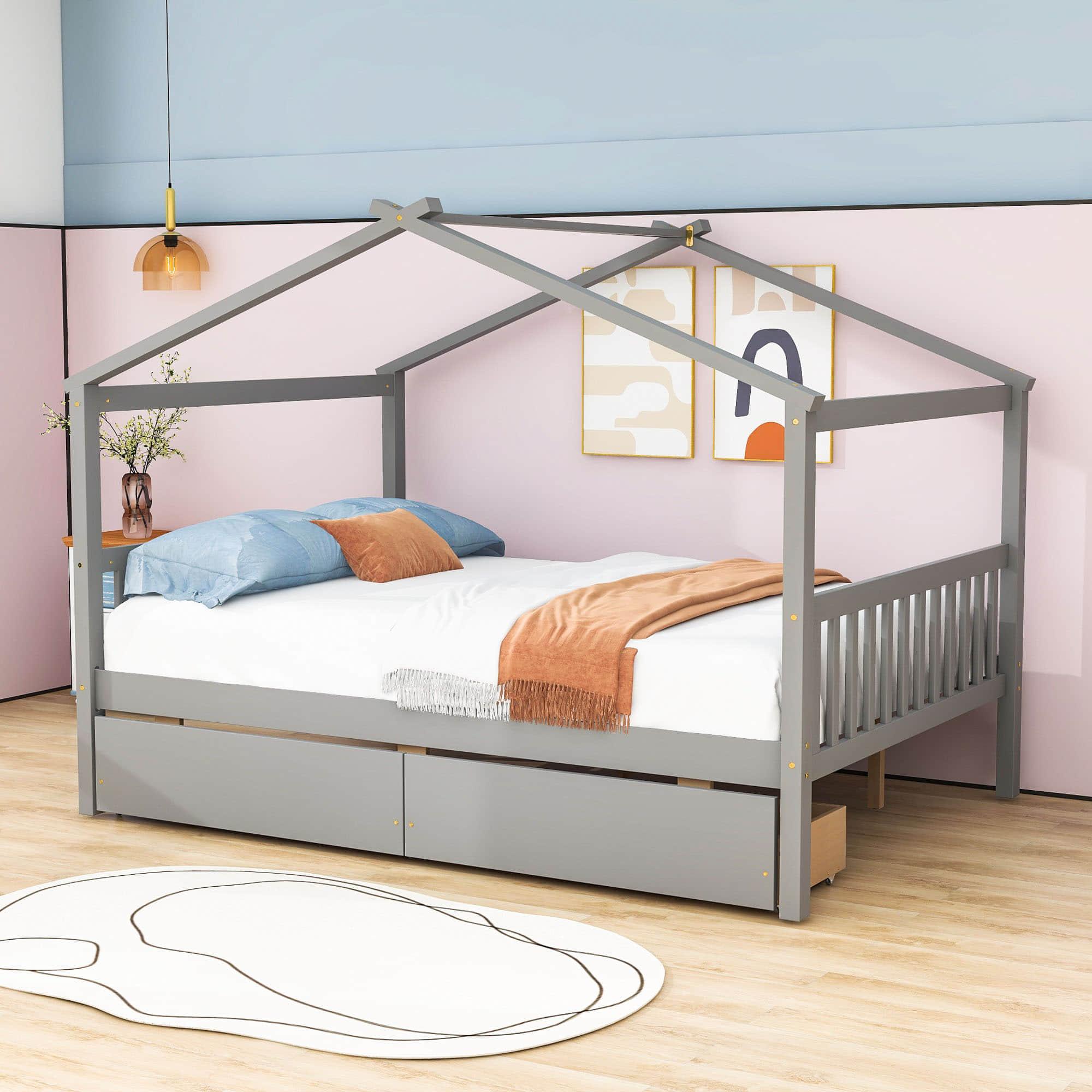 Wooden Full Size House Bed with Storage Drawers for Kids