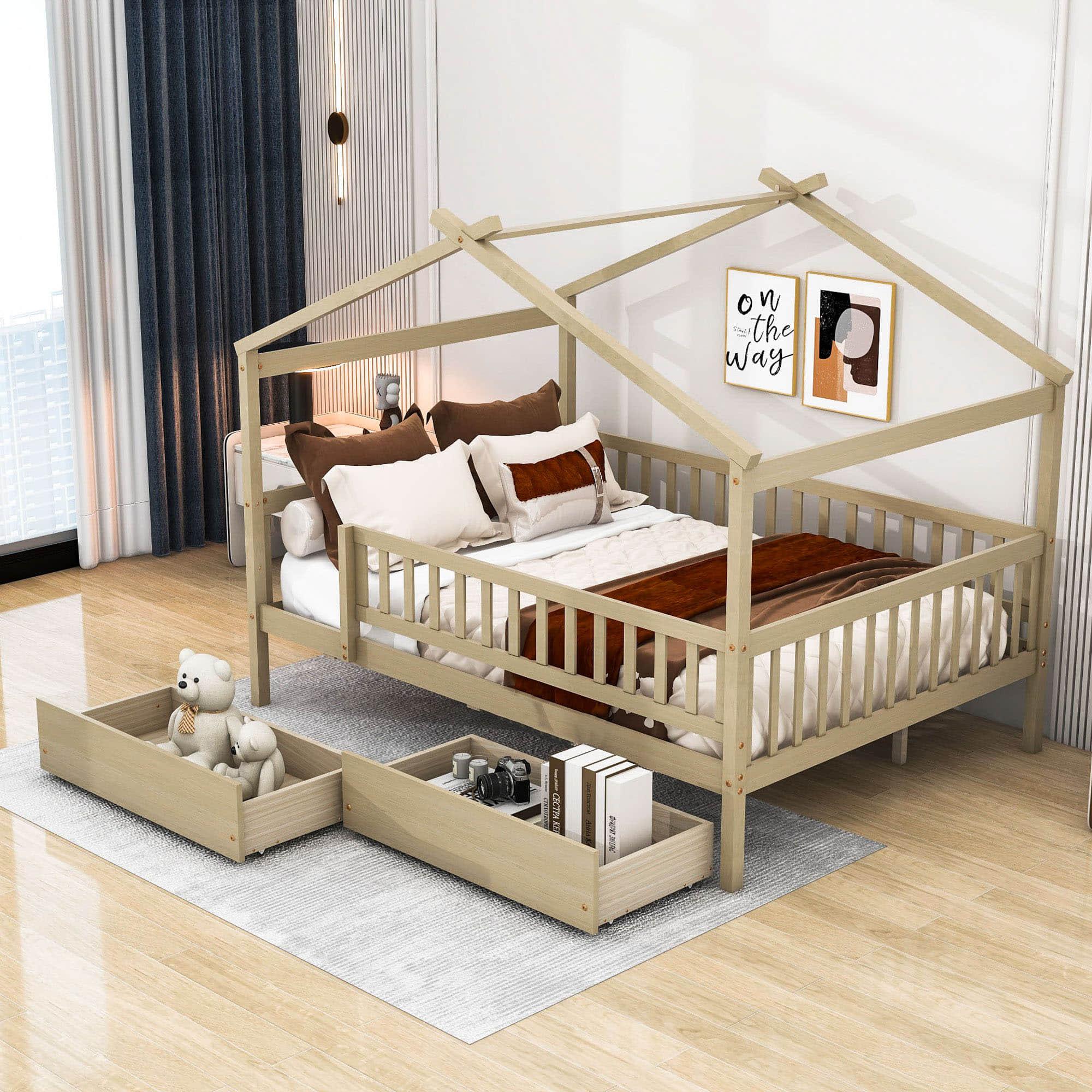 Full Size Wood House Toddler Bed Frame with Rails and Storage