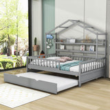 Wood Full Size Low House Bed Frame with Storage and Twin Trundle Bed