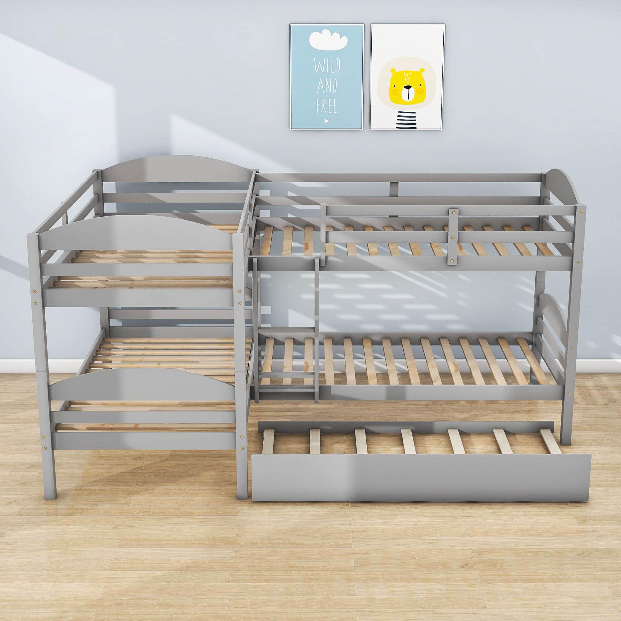 Twin Corner Quad Bunk Beds with Trundle for Kids - [Wooden, L-Shaped]