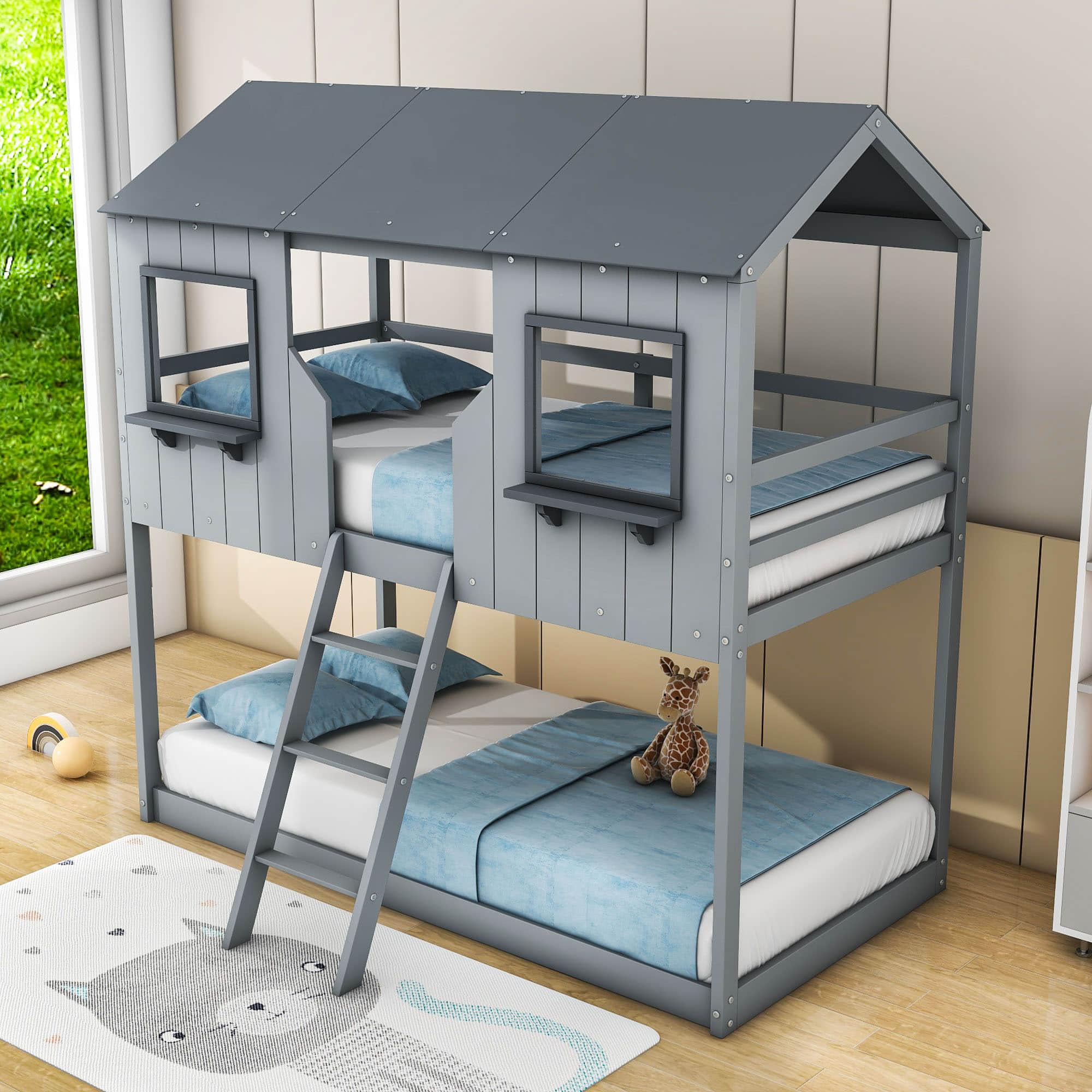 Twin Over Twin House Bunk Beds for Kids Toddler - Wooden, Low, Floor