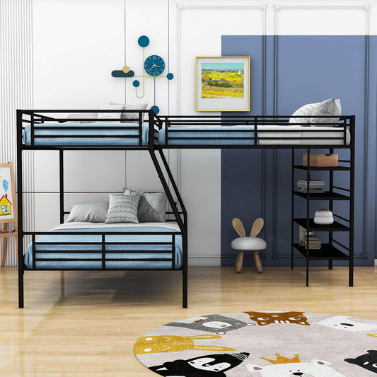 Twin Over Full Loft Triple Bunk Beds with Storage Shelves - [Metal, L-Shaped]