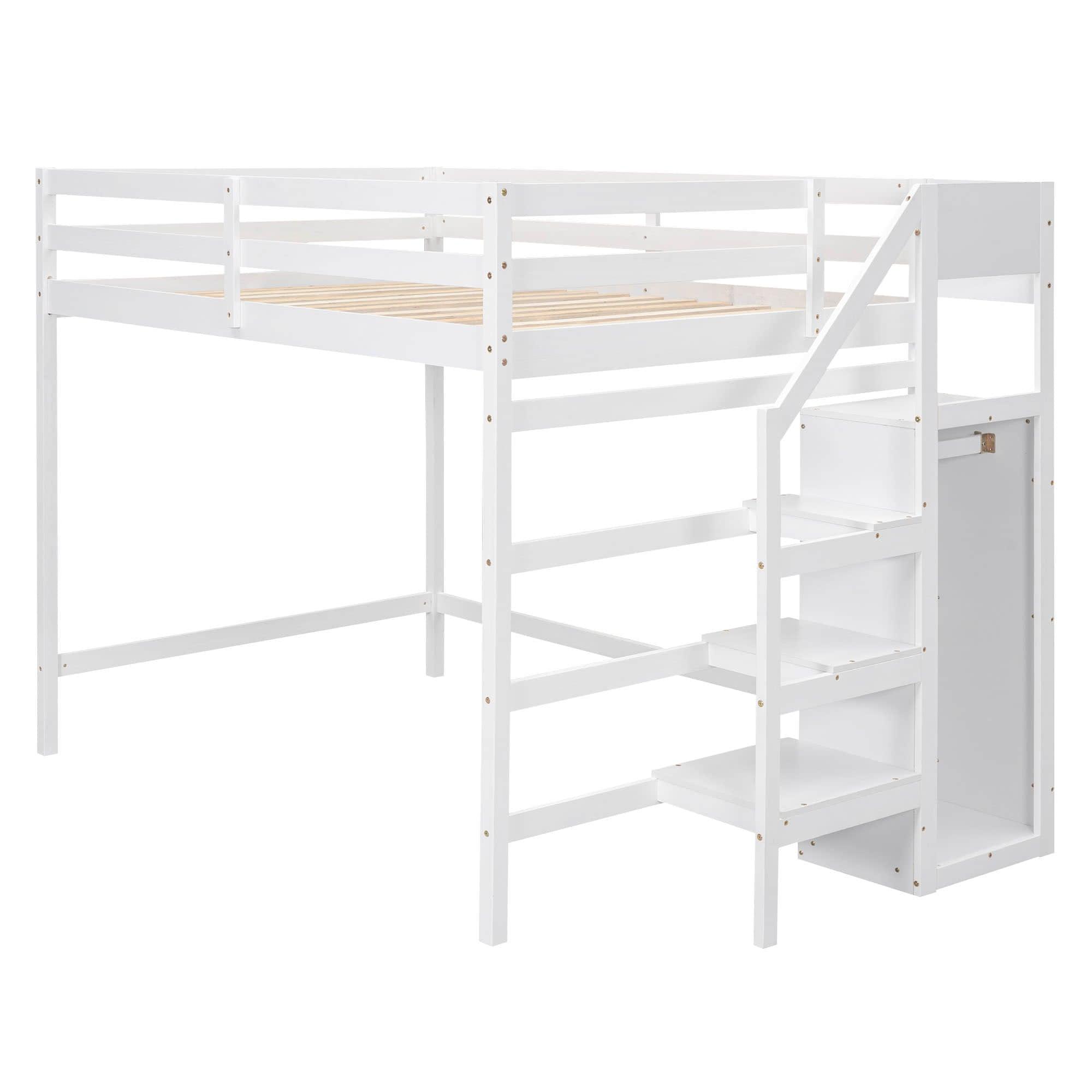 Full Size Loft Bed with Stairs and Clothes Hanger for Adults, Teens