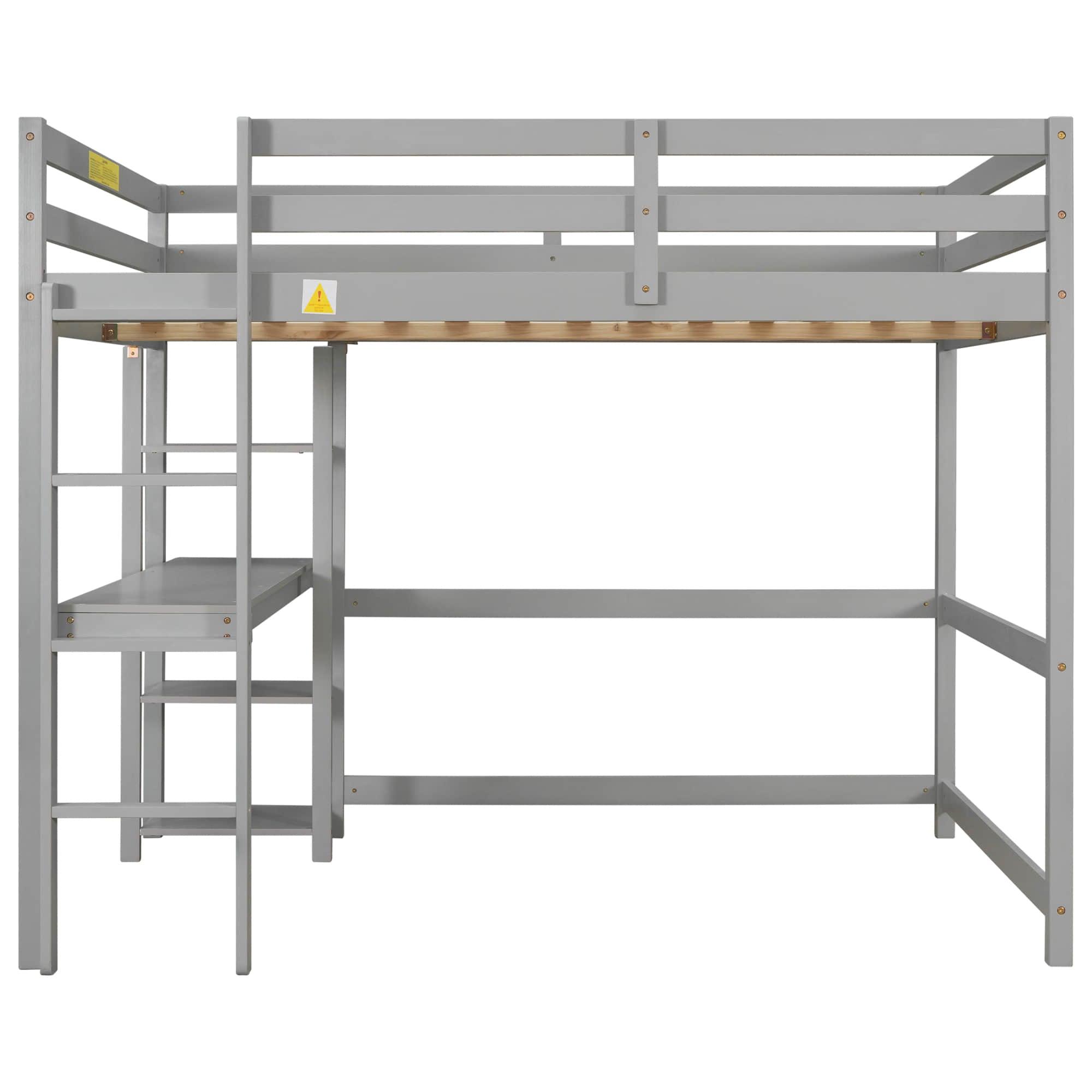 Wood Full Size Loft Bed with Desk and Storage Shelves for Kids, Teens