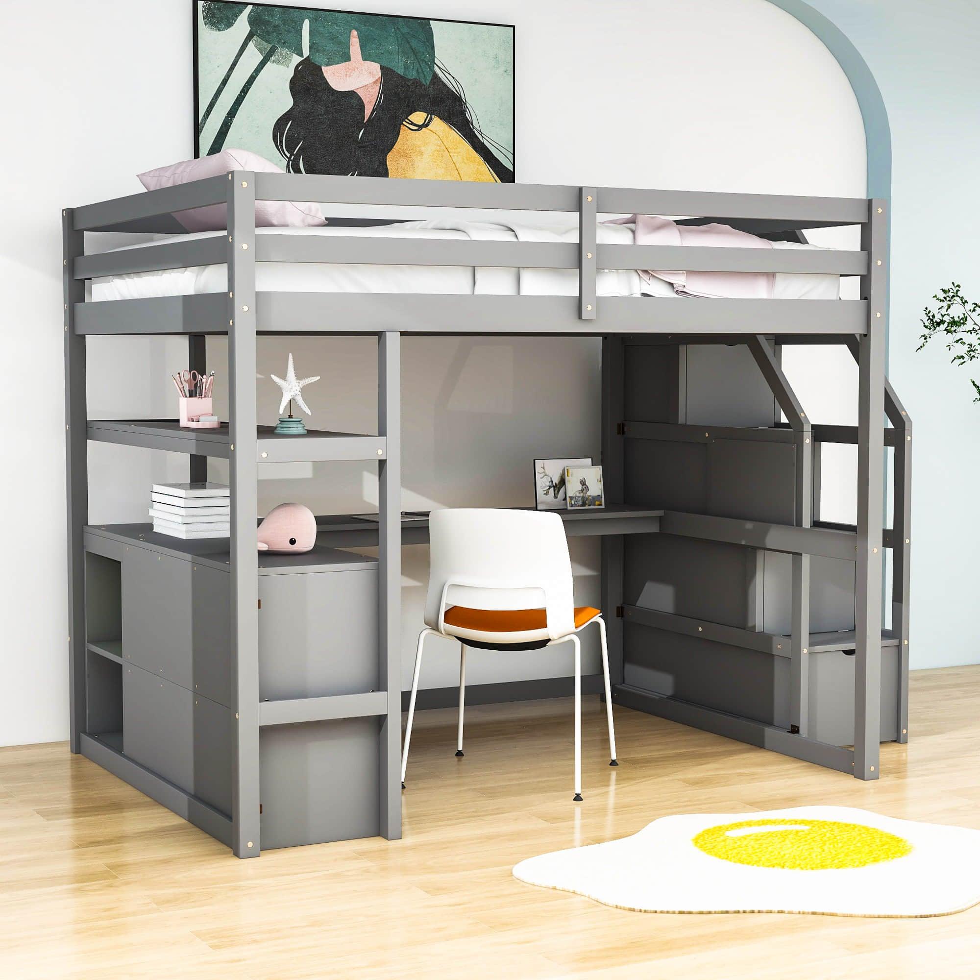 Full Loft Bed with Desk and Stairs, Storage for Kids, Adults - [Wooden]