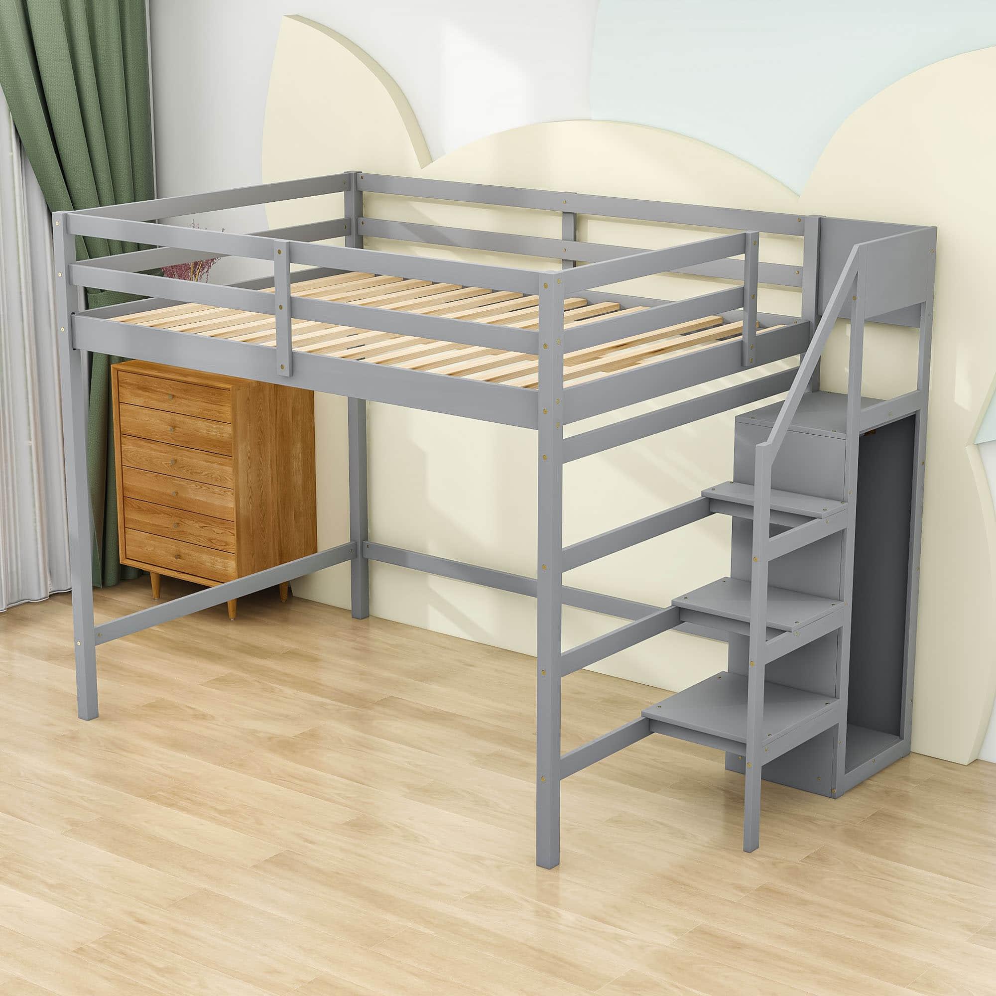 Full Size Loft Bed with Stairs and Clothes Hanger for Adults, Teens