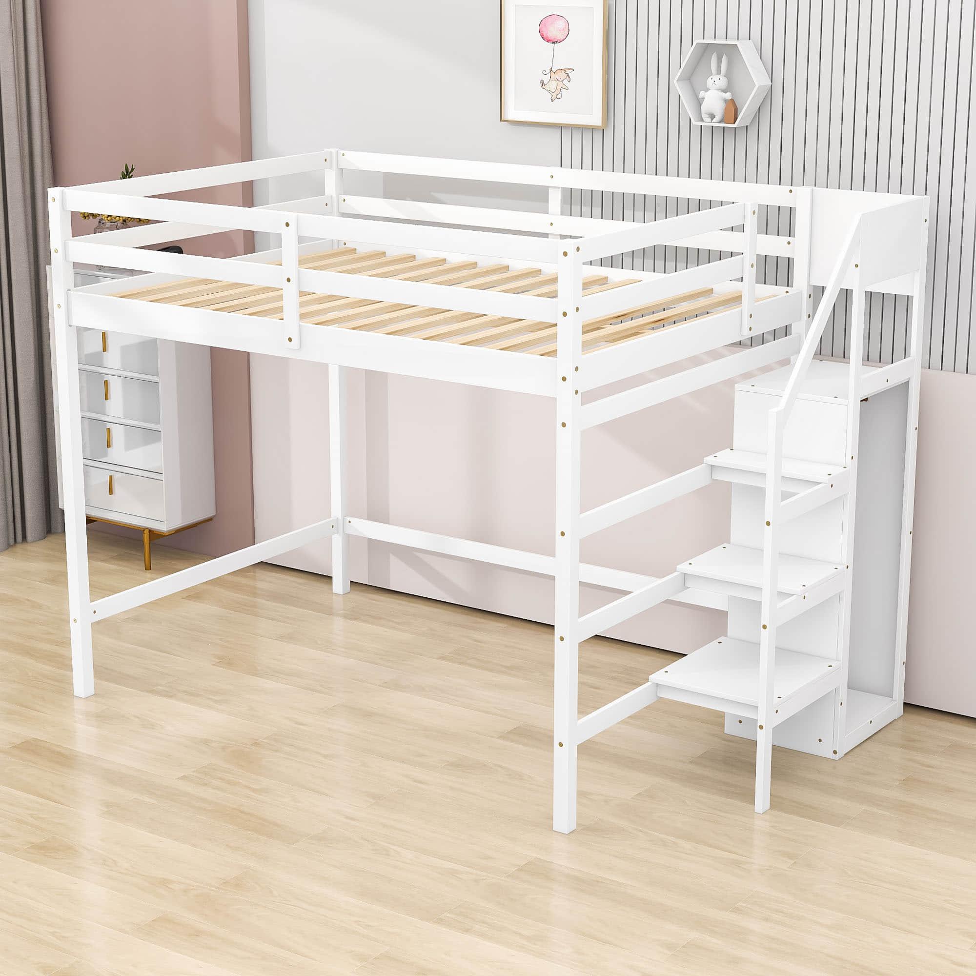 Full Size Loft Bed with Stairs and Clothes Hanger for Adults, Teens