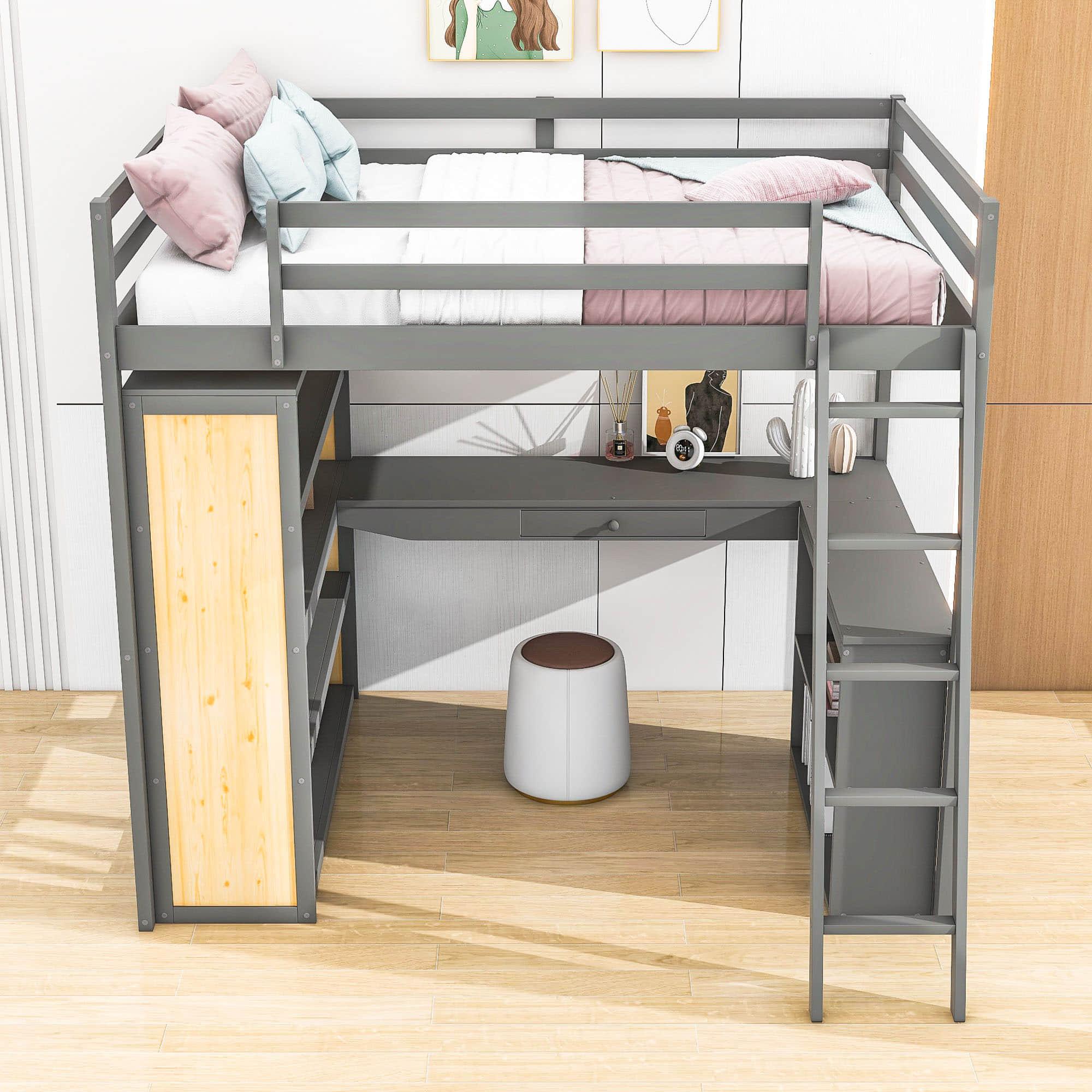 Modern Full Size Loft Bed with Desk and Storage for Kids, Junior - [Wood, Drawers, Shelves]