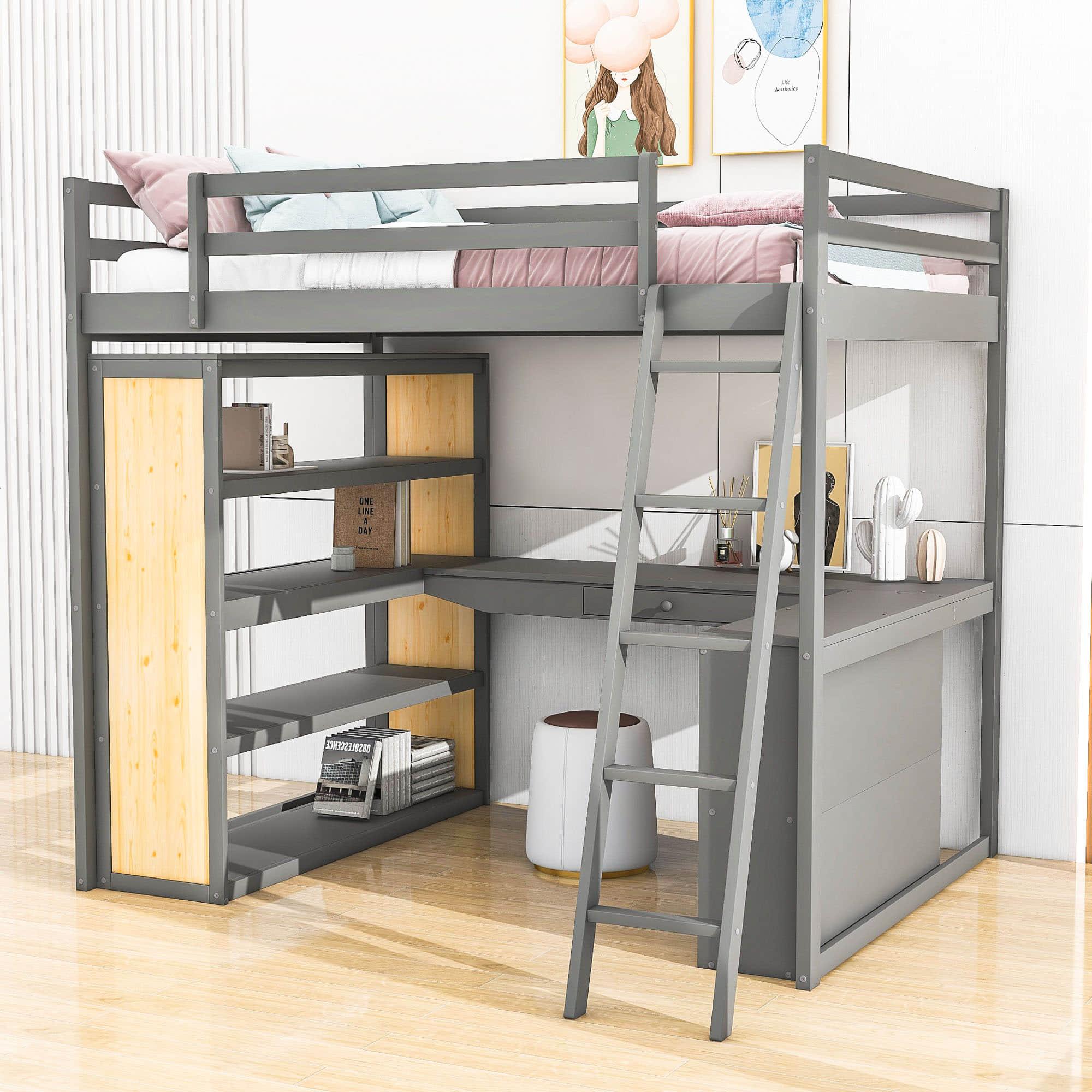 Modern Full Size Loft Bed with Desk and Storage for Kids, Junior - [Wood, Drawers, Shelves]