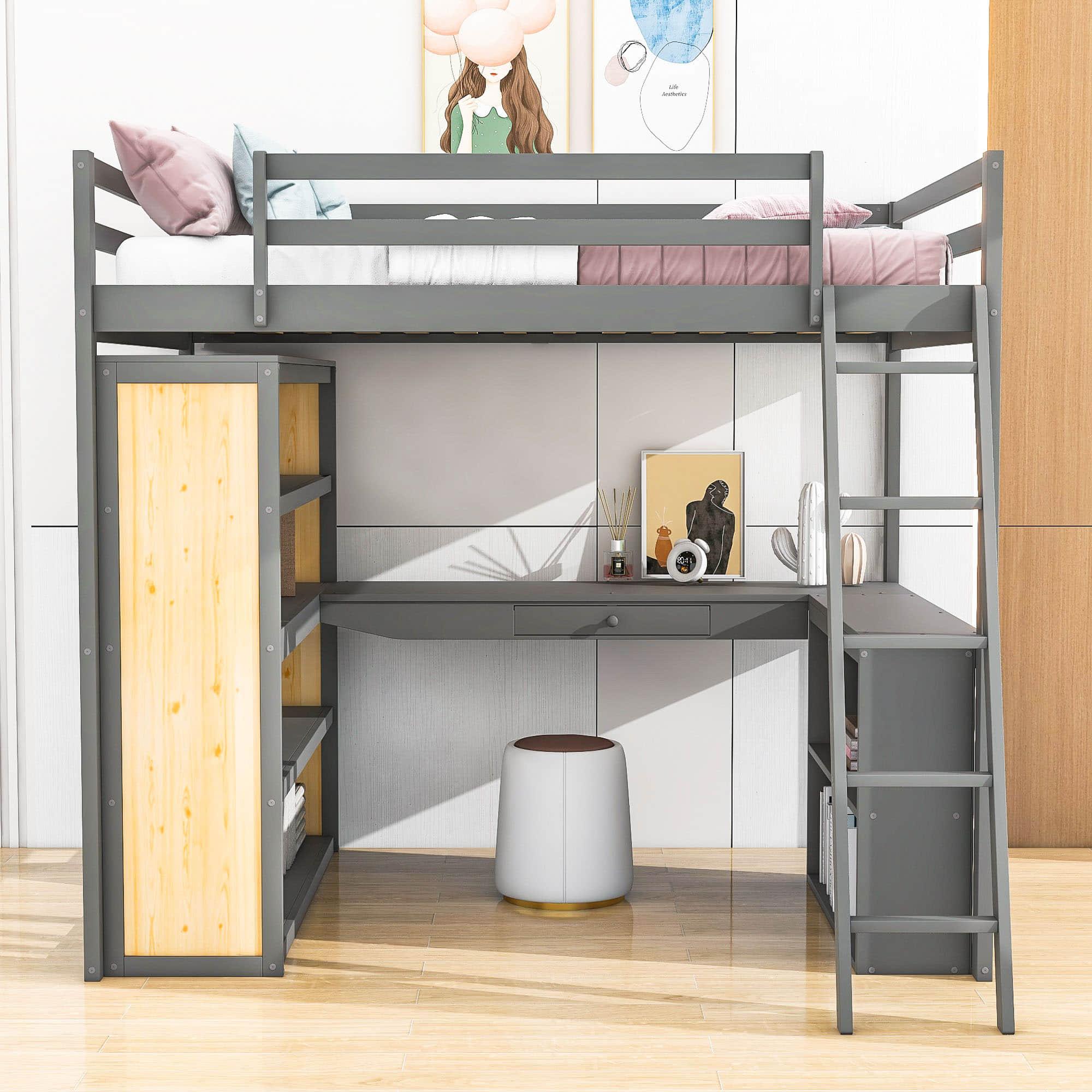 Modern Full Size Loft Bed with Desk and Storage for Kids, Junior - [Wood, Drawers, Shelves]