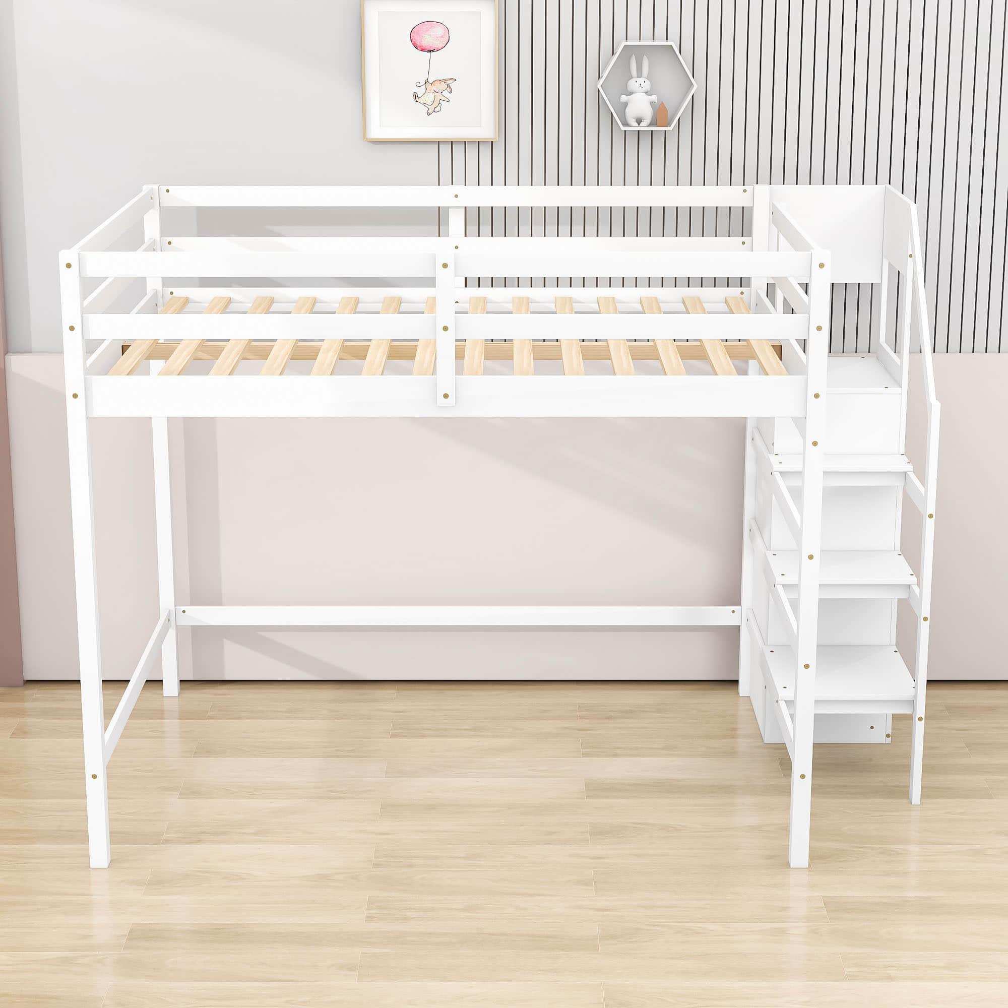 Full Size Loft Bed with Stairs and Clothes Hanger for Adults, Teens