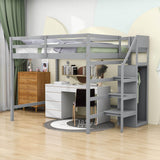 Full Size Loft Bed with Stairs and Clothes Hanger for Adults, Teens