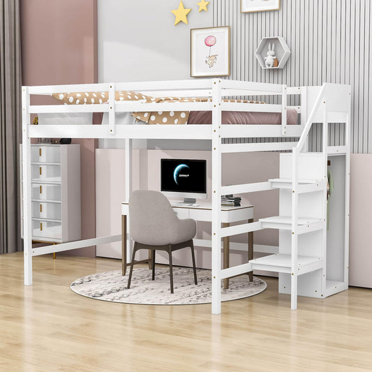 Full Size Loft Bed with Stairs and Clothes Hanger for Adults, Teens