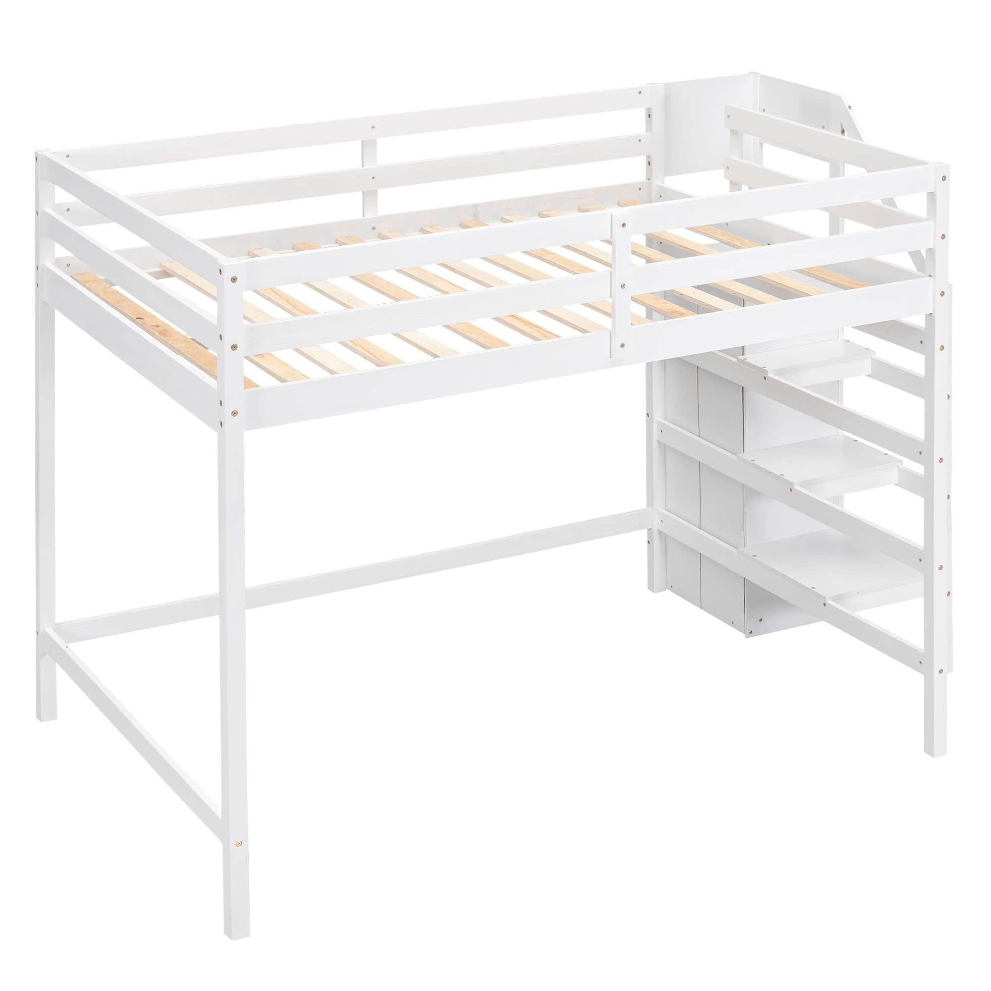 Full Size Loft Bed with Stairs and Clothes Hanger for Adults, Teens