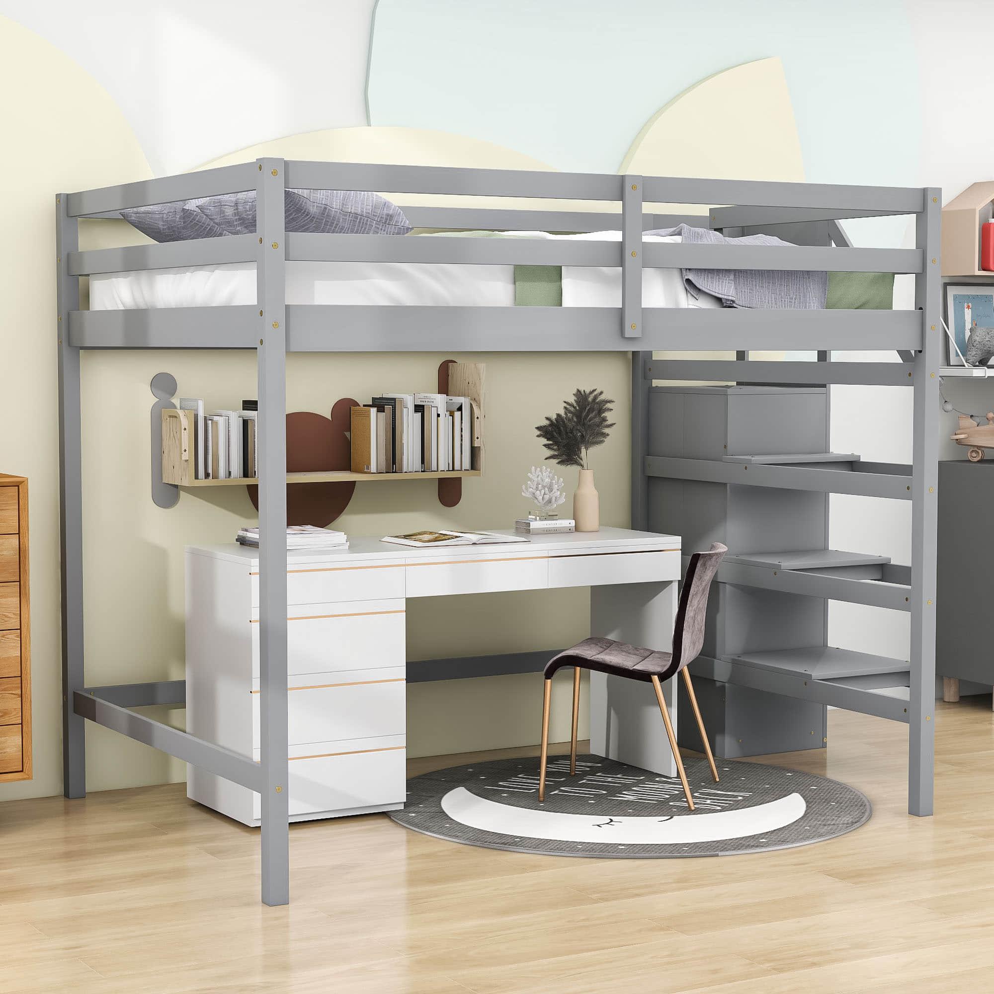 Full Size Loft Bed with Stairs and Clothes Hanger for Adults, Teens