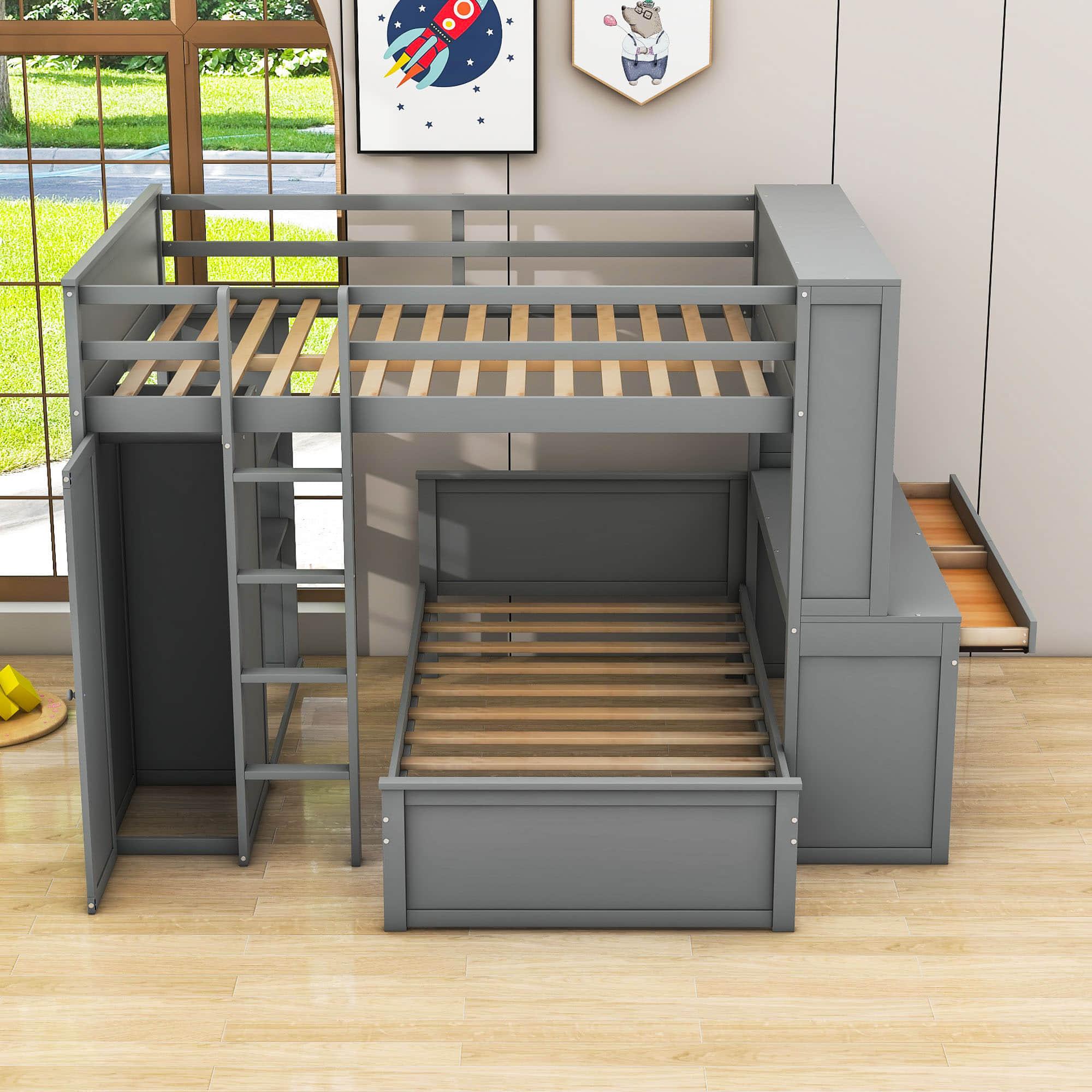 Full Over Twin Loft Bunk Beds with Desk and Storage - [Drawers, Shelves, Wardrobe]